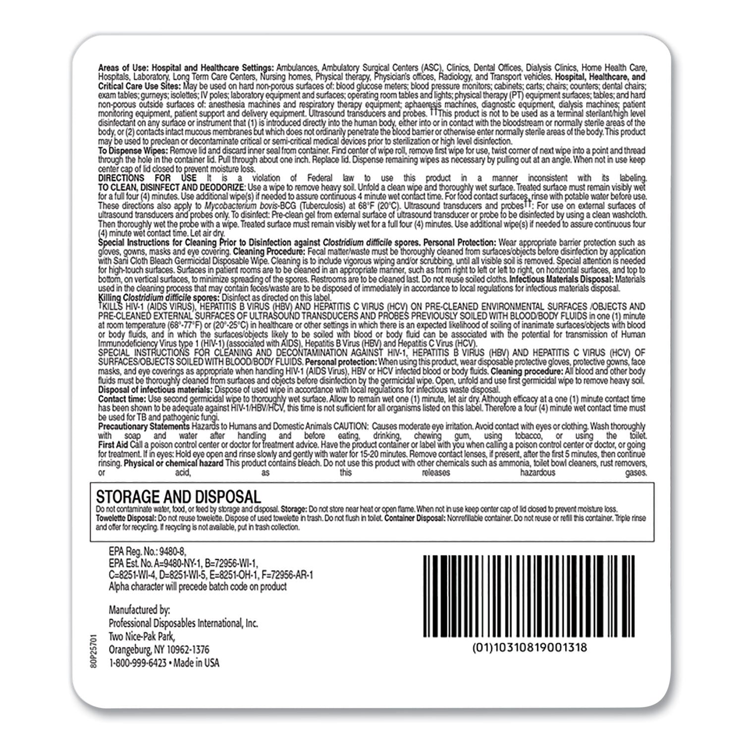 Sani Professional® Sani-Cloth Bleach Germicidal Disposable Wipes, 1-Ply, 7.5 X 15, Unscented, White, 65/pack