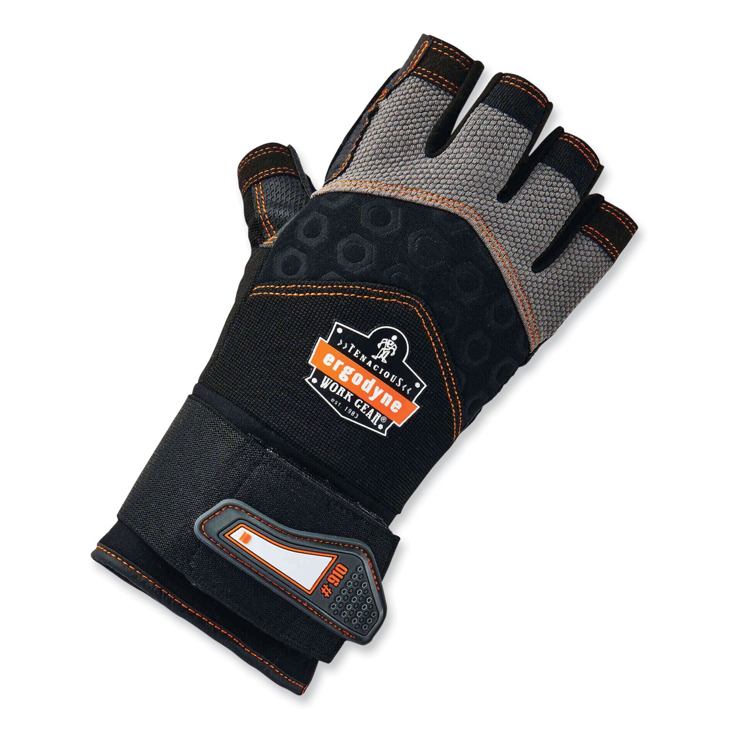 ergodyne® ProFlex 910 Half-Finger Impact Gloves + Wrist Support, Black, Large, Pair