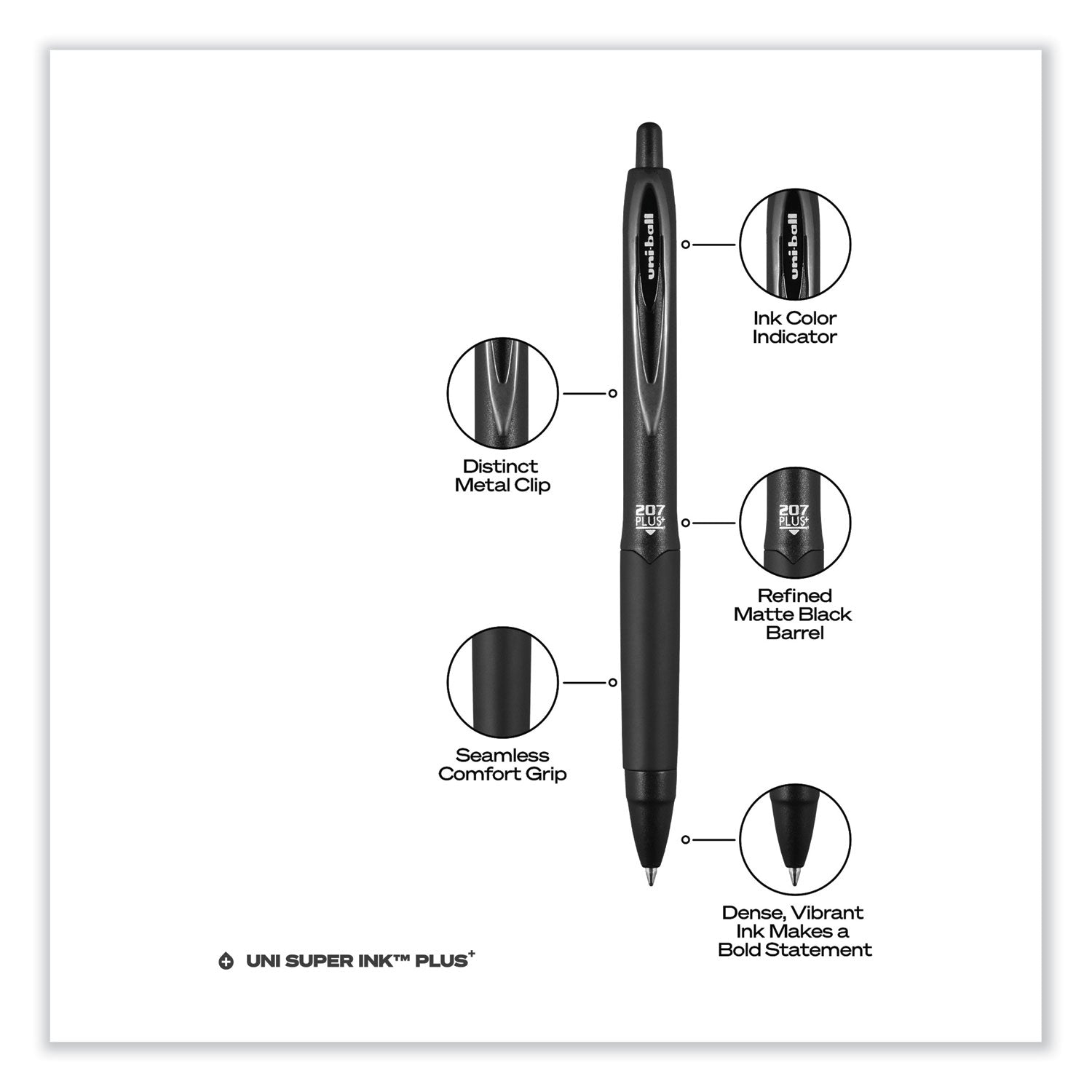 uniball® 207 Plus+ Gel Pen, Retractable, Medium 0.7 mm, Black Ink, Black Barrel, 4/Pack
