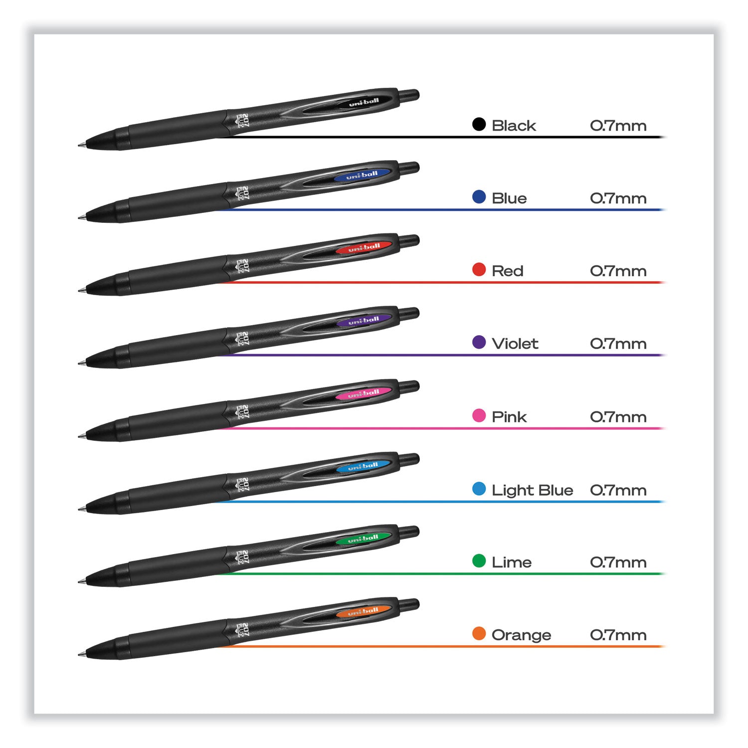 uniball® 207 Plus+ Gel Pen, Retractable, Medium 0.7 mm, Assorted Inspirational Ink Colors, Black Barrel, 6/Pack