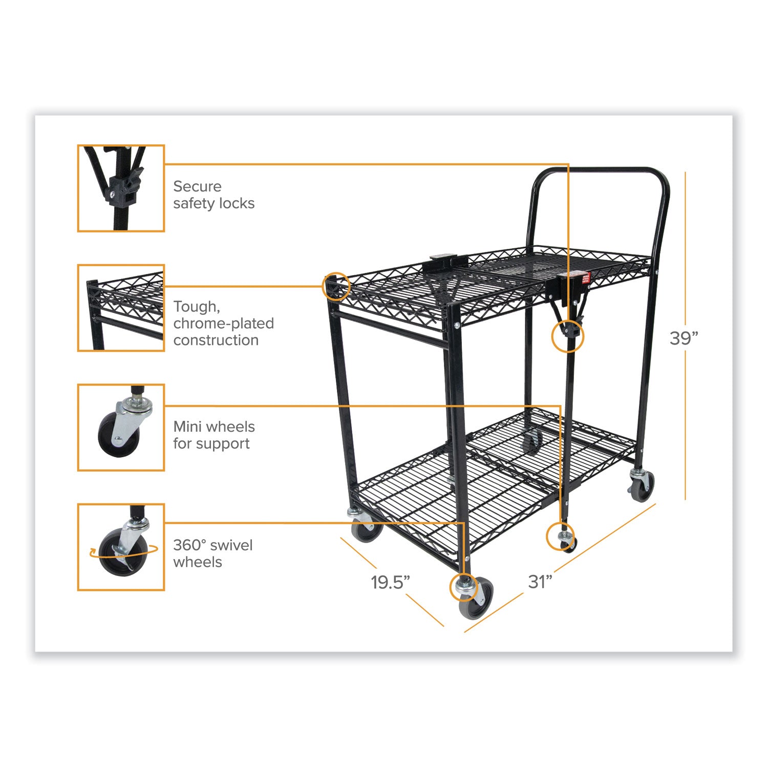 Bostitch® Stowaway Folding Carts, Metal, 2 Shelves, 250 lb Capacity, 29.63" x 37.25" x 18", Black