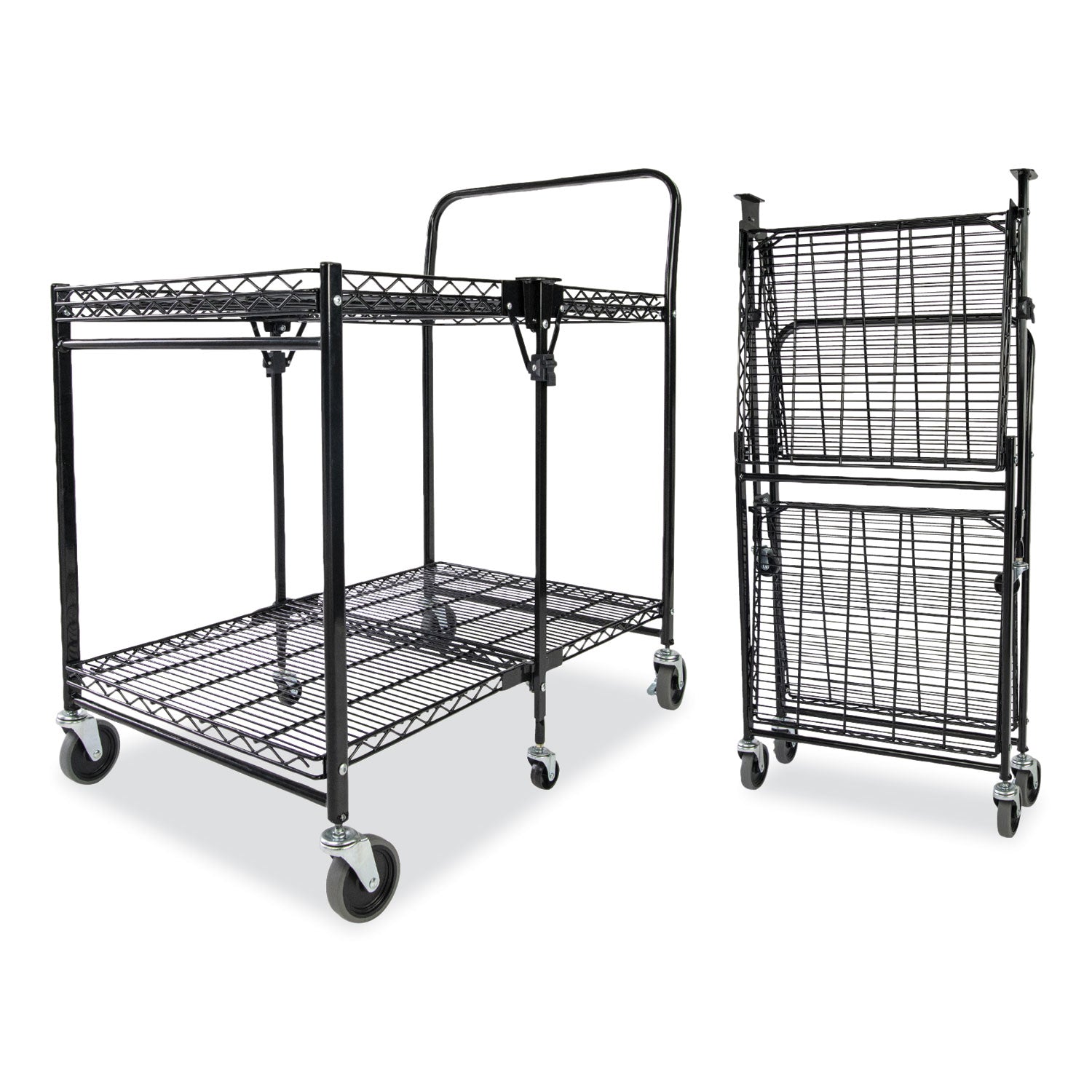 Stowaway Folding Carts, Metal, 2 Shelves, 250 lb Capacity, 35" x 37.25" x 22", Black