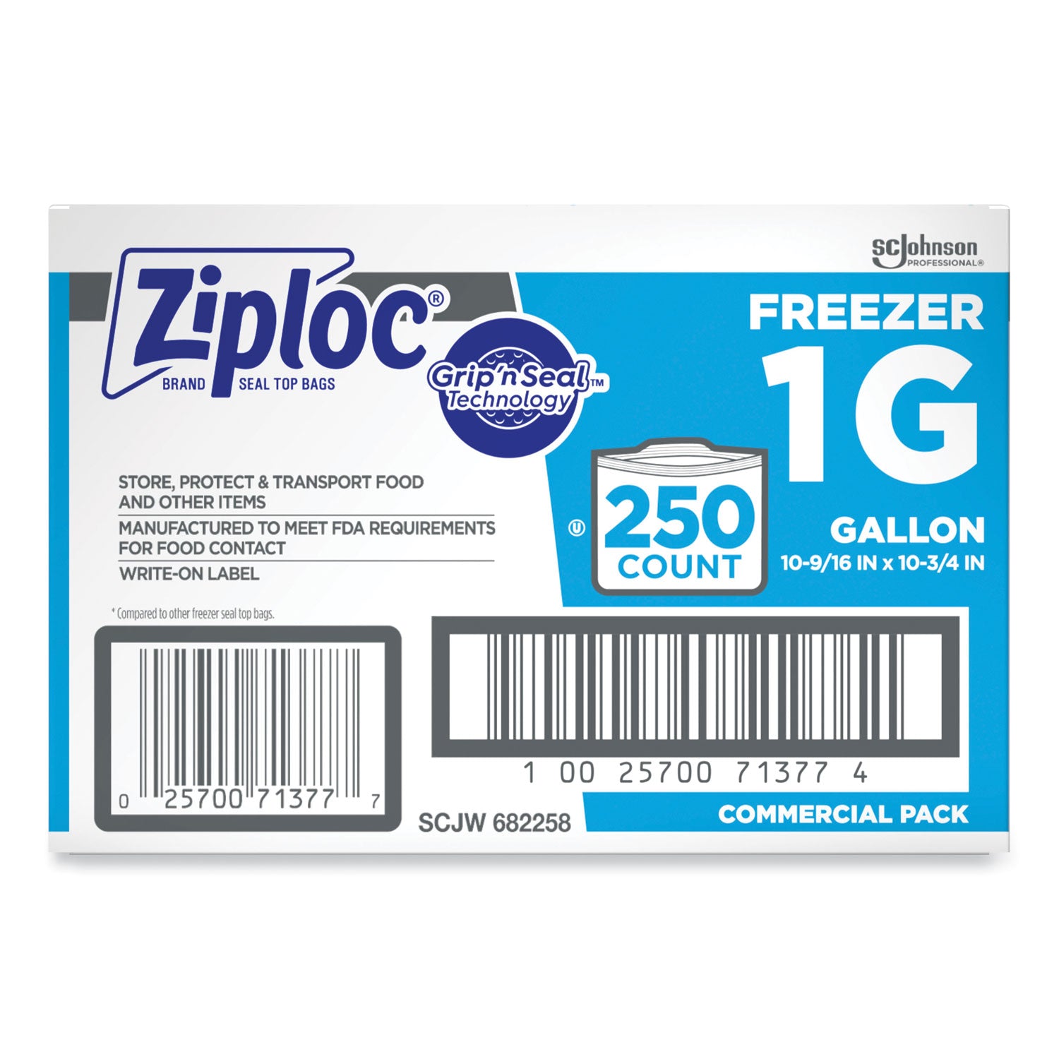 Ziploc® Zipper Freezer Bags, 1 gal, 10.56" x 10.75", Clear, 250/Carton