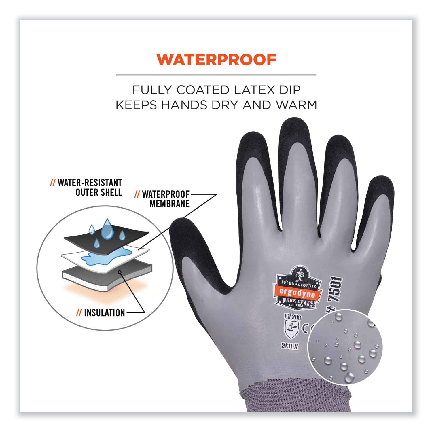 Ergodyne® ProFlex 7501 Coated Waterproof Winter Gloves, Gray, 2X-Large, Pair