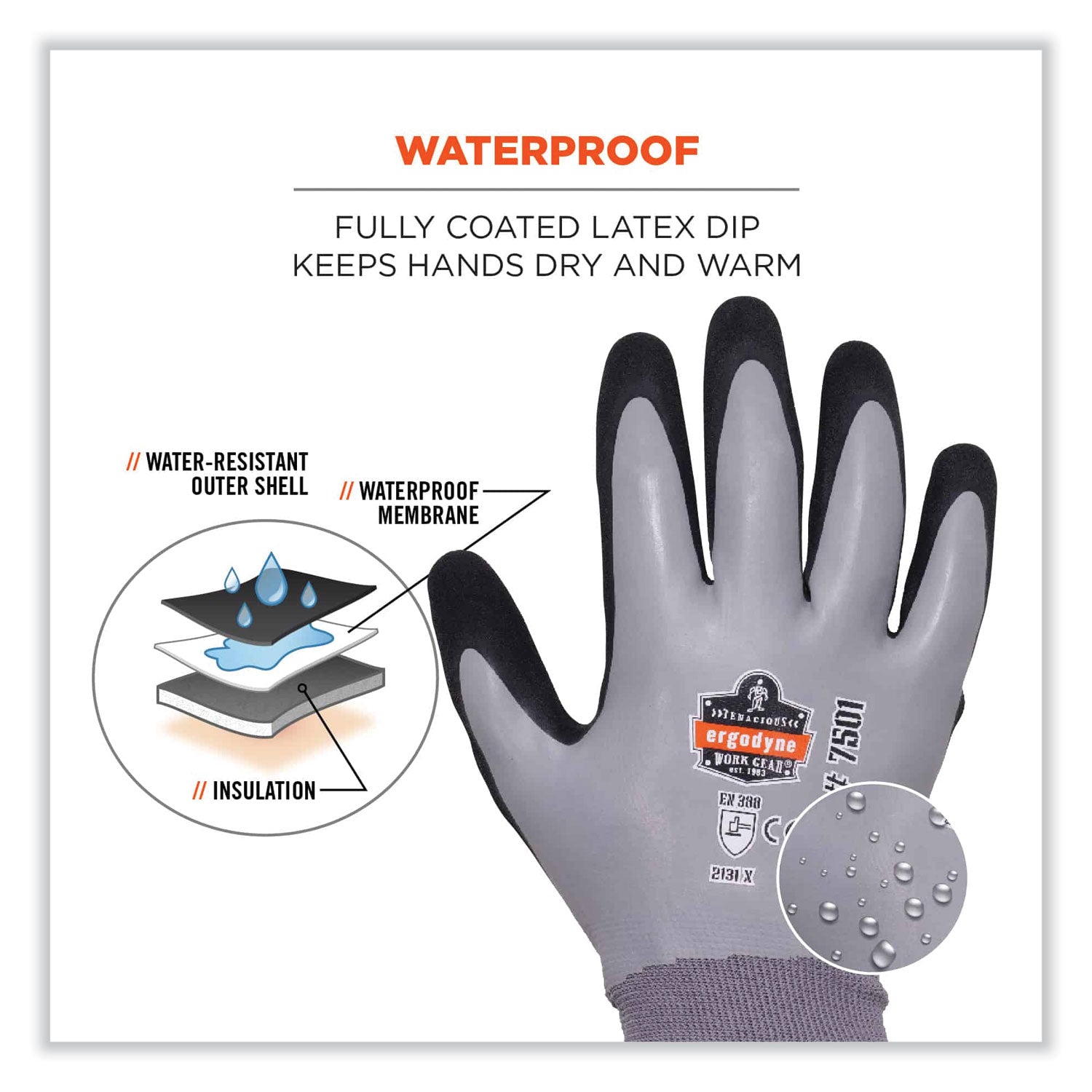 Ergodyne® ProFlex 7501 Coated Waterproof Winter Gloves, Gray, Medium, Pair
