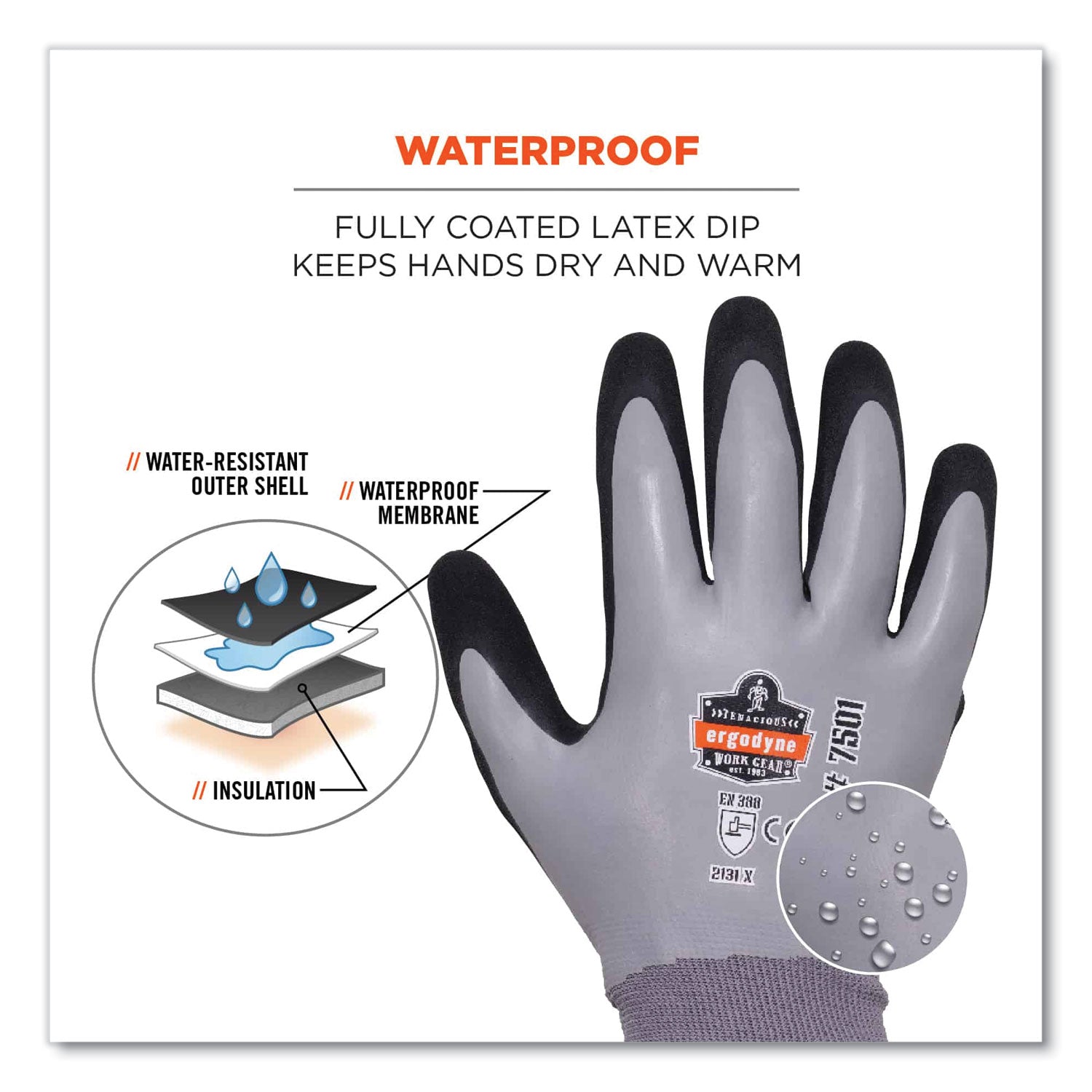 ergodyne® ProFlex 7501-CASE Coated Waterproof Winter Gloves, Gray, Small, 144 Pairs/Carton
