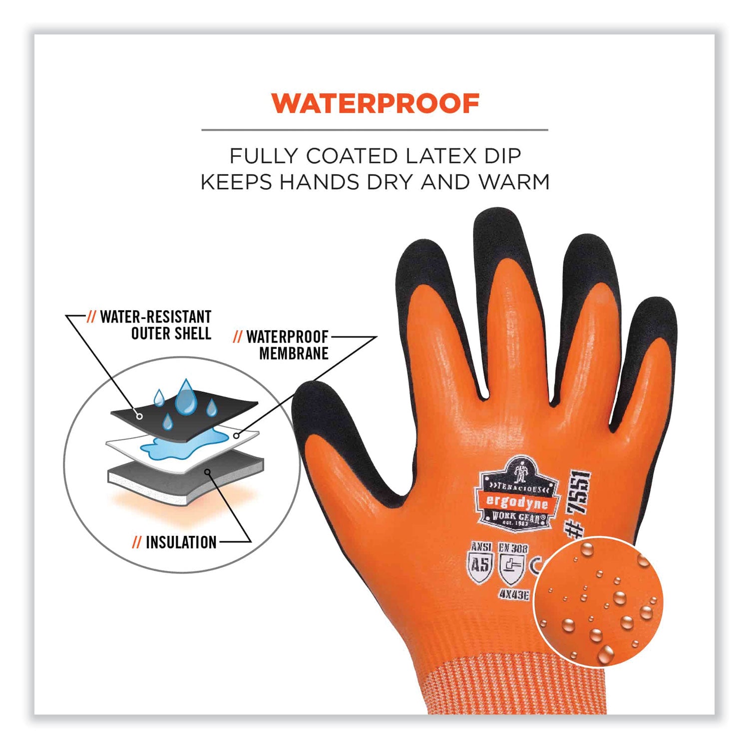 ergodyne® ProFlex 7551 ANSI A5 Coated Waterproof CR Gloves, Orange, Medium, Pair
