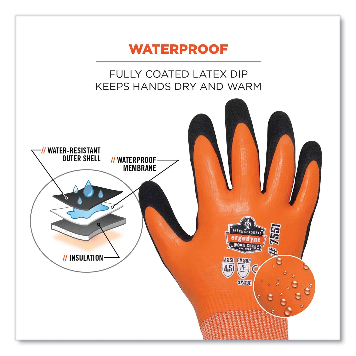 ergodyne® ProFlex 7551 ANSI A5 Coated Waterproof CR Gloves, Orange, X-Large, Pair