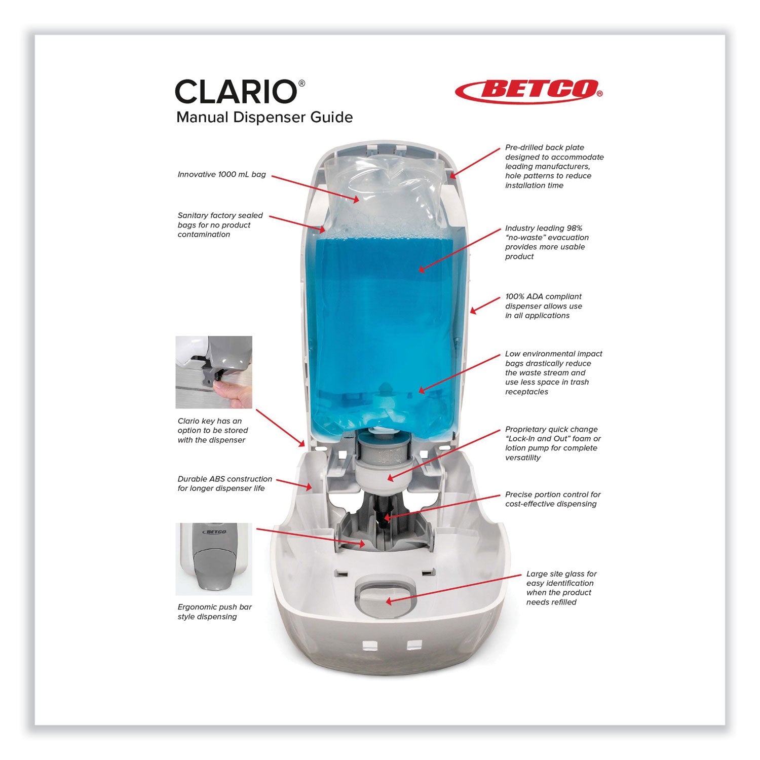 Betco® Clario Dispensing System Manual Foam Dispenser, 1,000 mL, 5.11 x 3.85 x 11.73,  White, 12/Carton