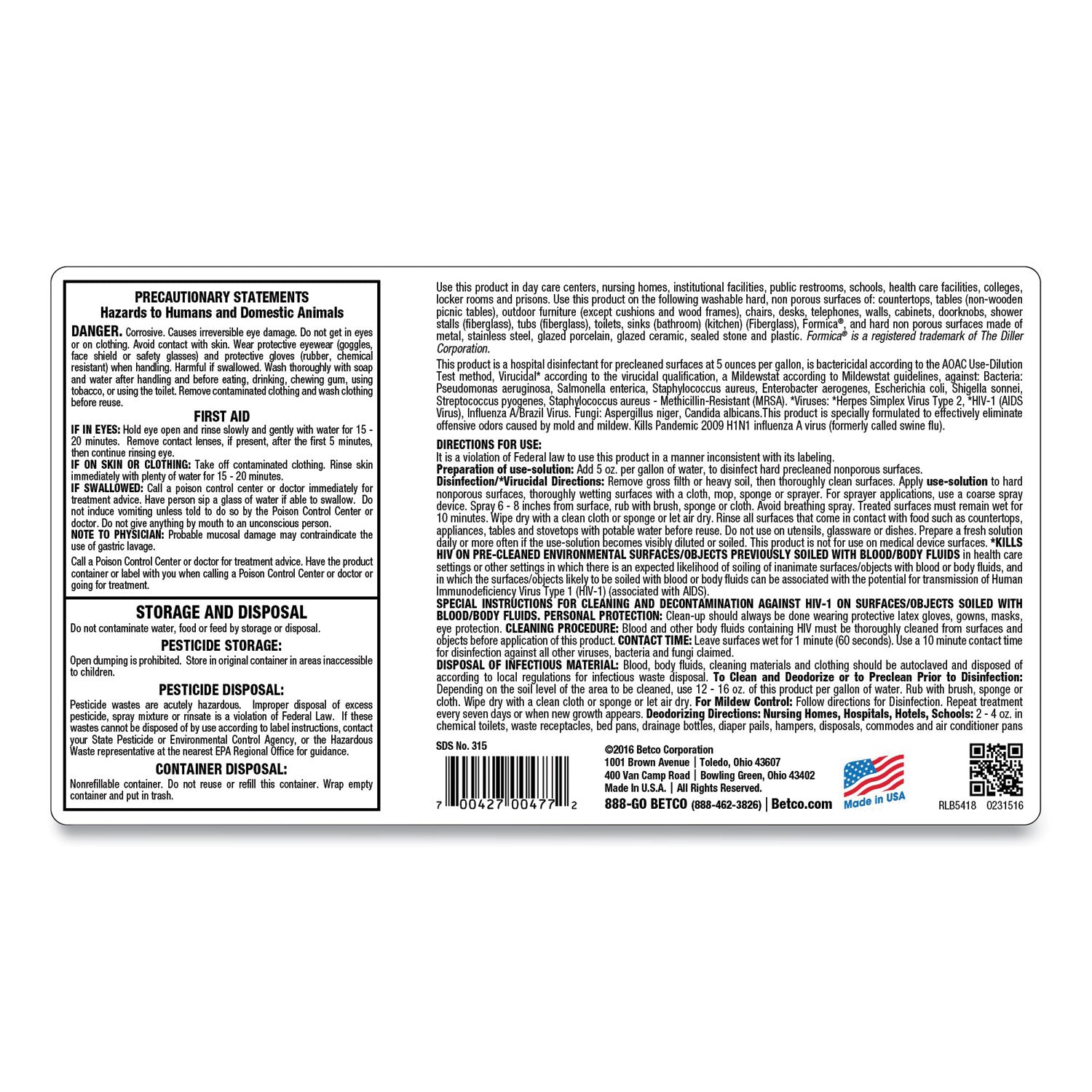 Betco® AF315 Disinfectant Cleaner, Citrus Floral Scent, 2 L Bottle, 4/Carton