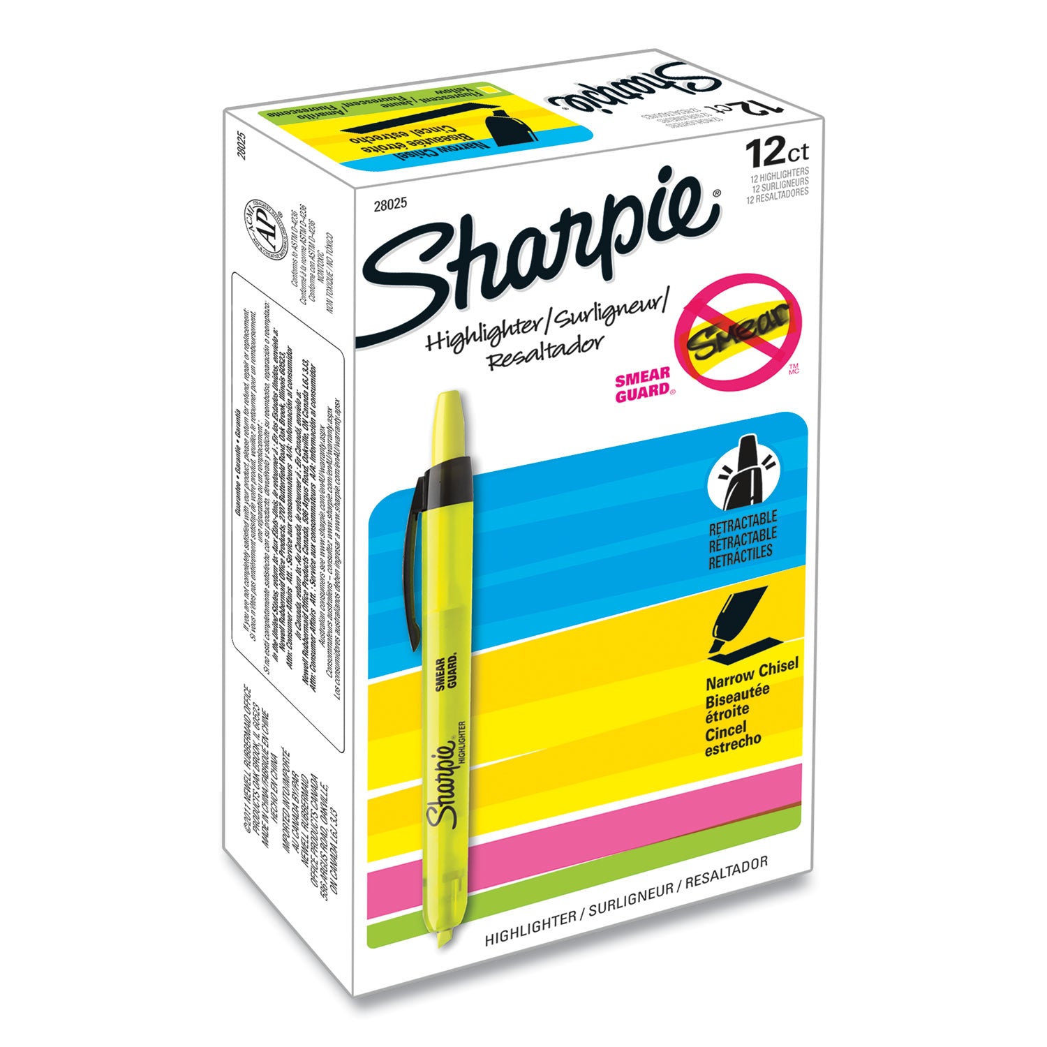 Sharpie® Retractable Highlighters, Fluorescent Yellow Ink, Chisel Tip, Yellow/black Barrel, Dozen
