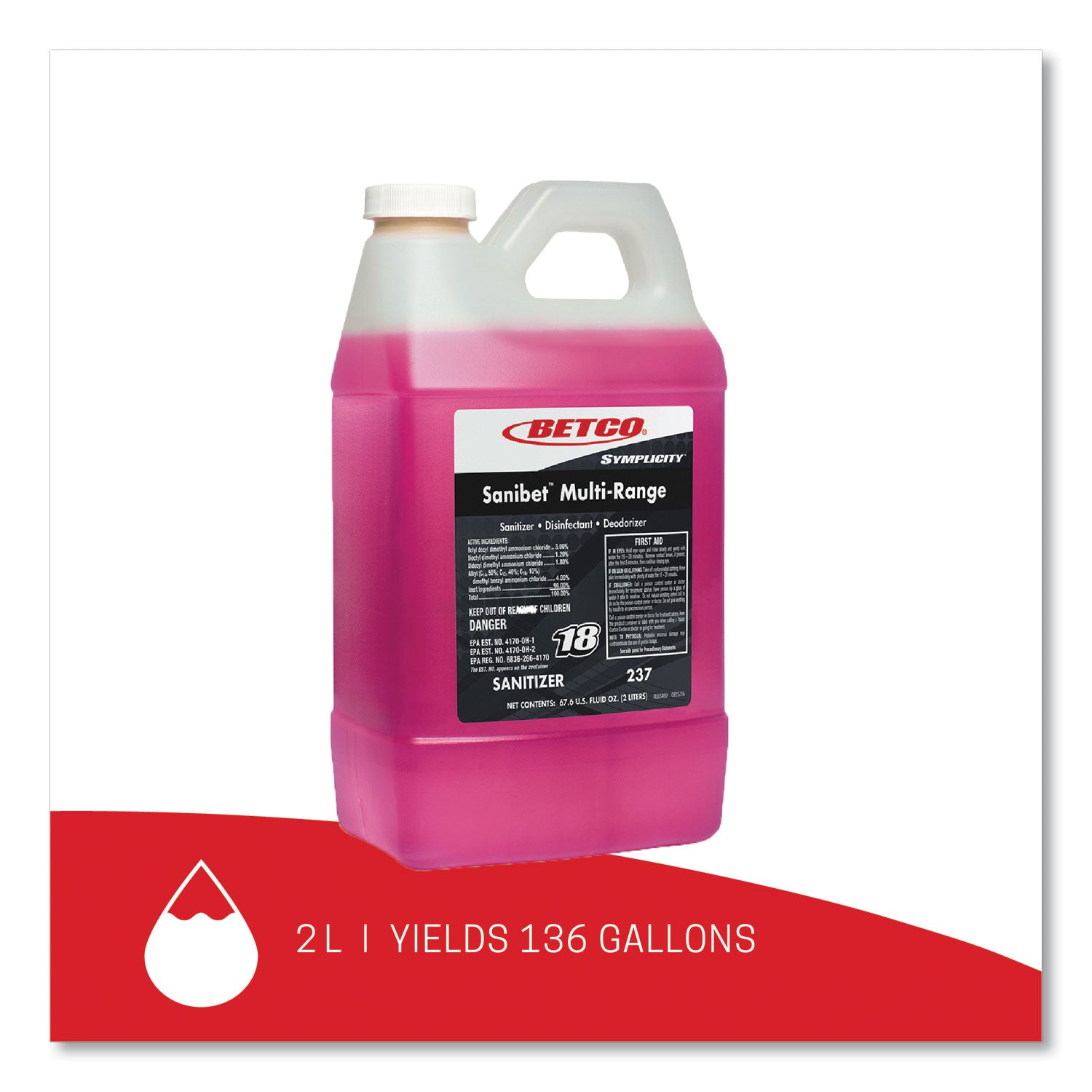 Betco® Symplicity Sanibet Multi-Range Sanitizer Disinfectant Deodorizer, 2 L Bottle, 4/Carton