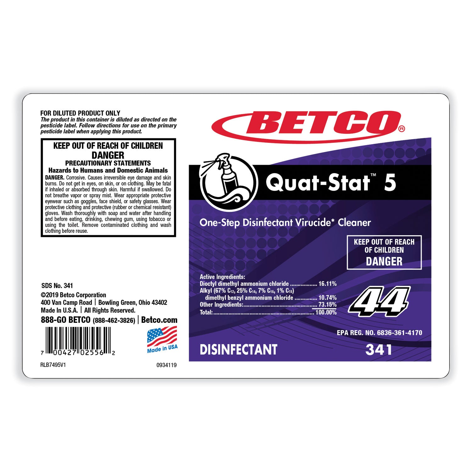 Betco® Quat-Stat 5 Disinfectant, Lavender Scent, 2 L Bottle, 4/Carton
