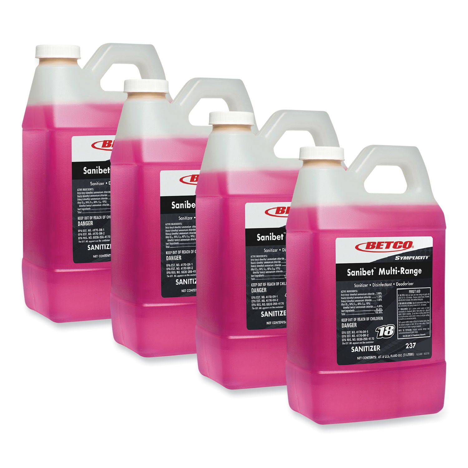 Betco® Symplicity Sanibet Multi-Range Sanitizer Disinfectant Deodorizer, 2 L Bottle, 4/Carton