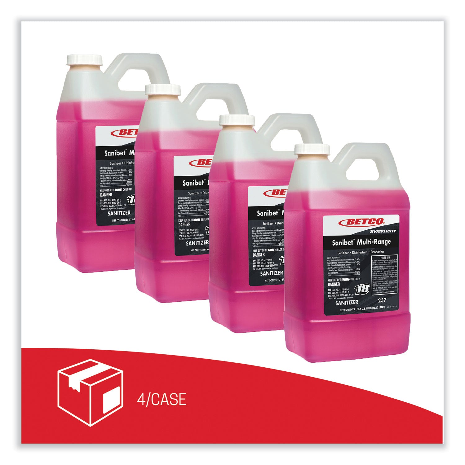 Betco® Symplicity Sanibet Multi-Range Sanitizer Disinfectant Deodorizer, 2 L Bottle, 4/Carton