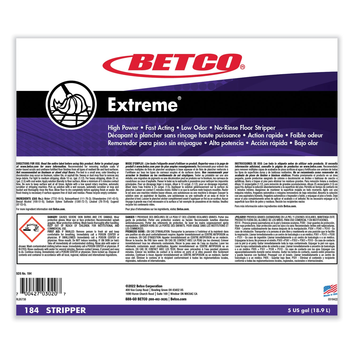 Betco® Extreme Floor Stripper, Lemon Scent, 5 gal Bag-in-Box