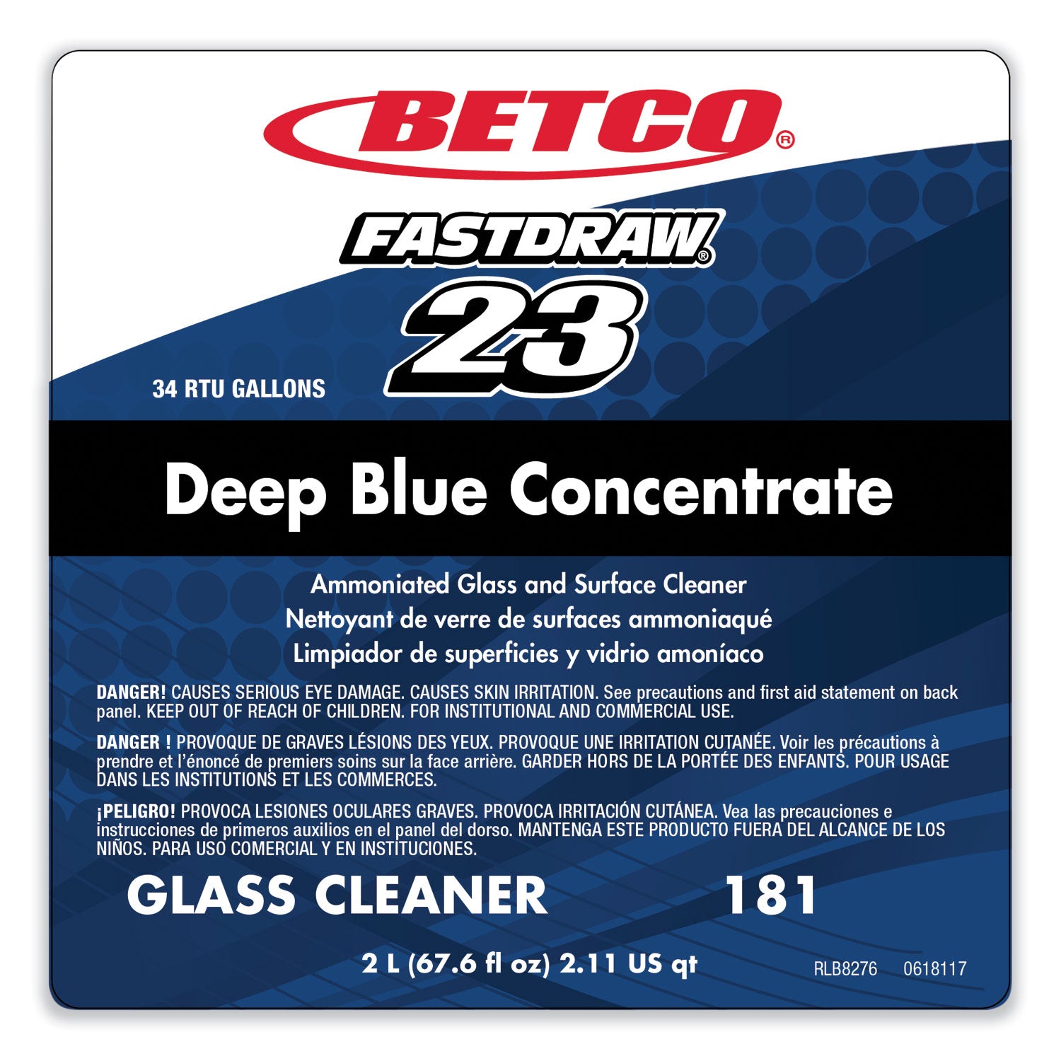 Betco® Deep Blue Glass and Surface Cleaner, 2 L Bottle, 4/Carton
