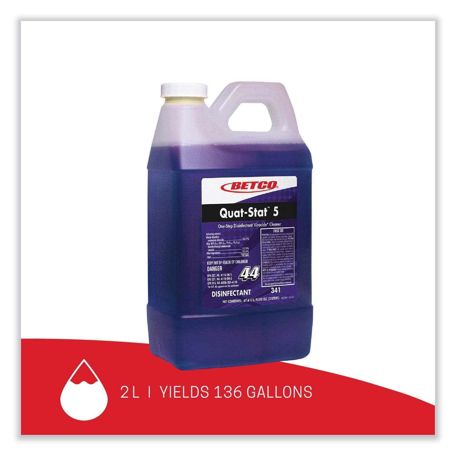 Betco® Quat-Stat 5 Disinfectant, Lavender Scent, 2 L Bottle, 4/Carton