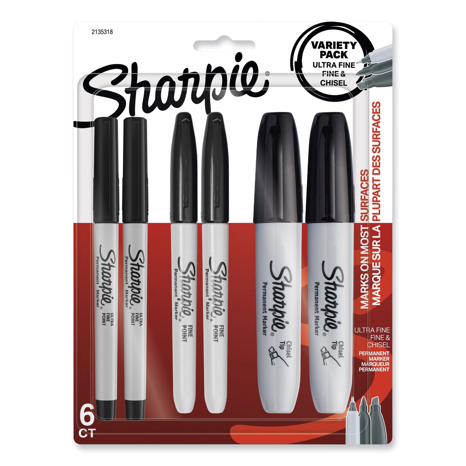 Mixed Point Size Permanent Markers, Assorted Tip Sizes/Types, Black, 6/Pack