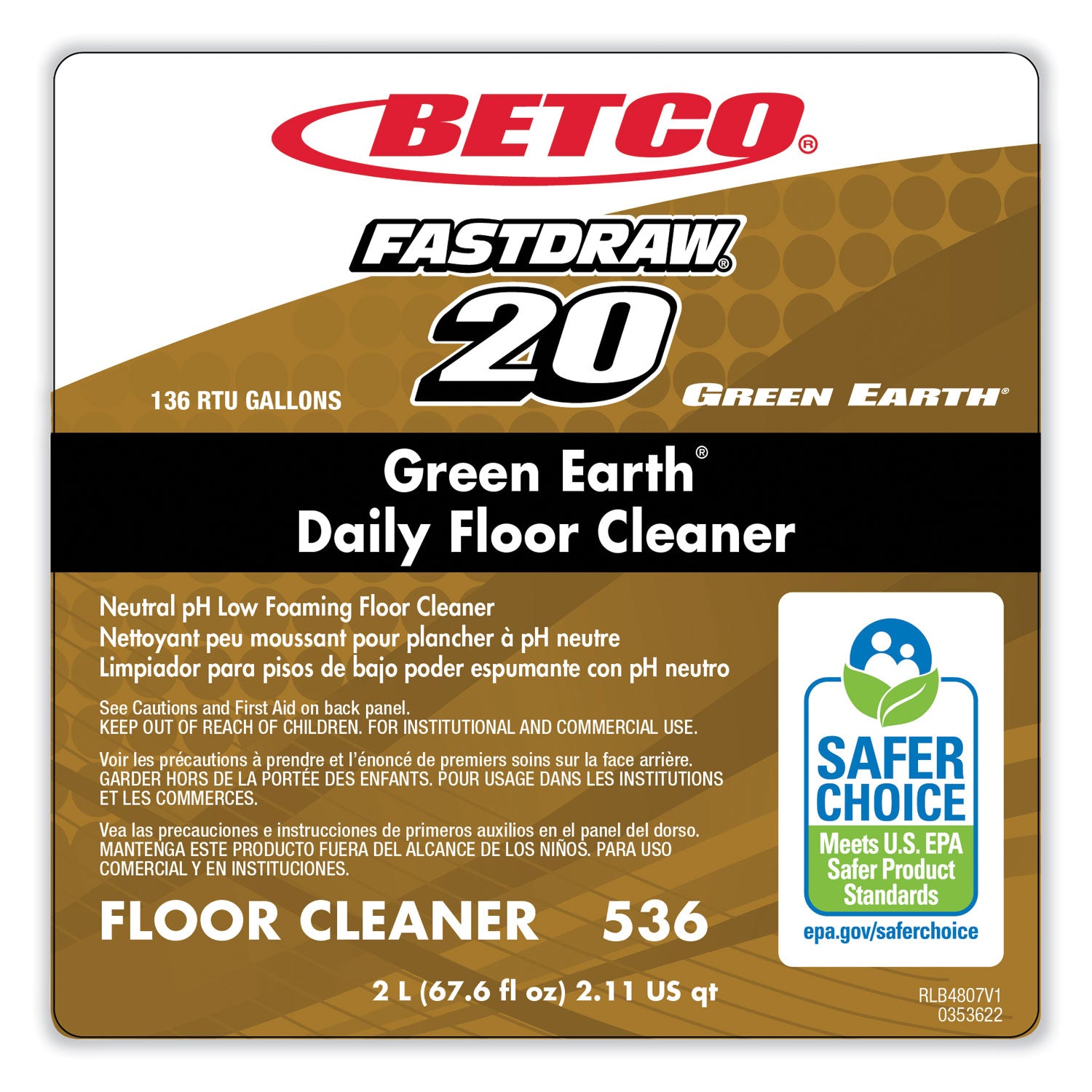 Betco® Green Earth Daily Floor Cleaner, 2 L Bottle, Unscented, 4/carton