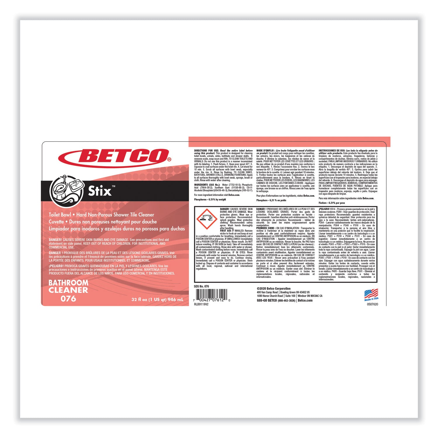 Betco® Stix Toilet Bowl Cleaner, Cherry Almond Scent, 32 Oz Bottle, 12/carton