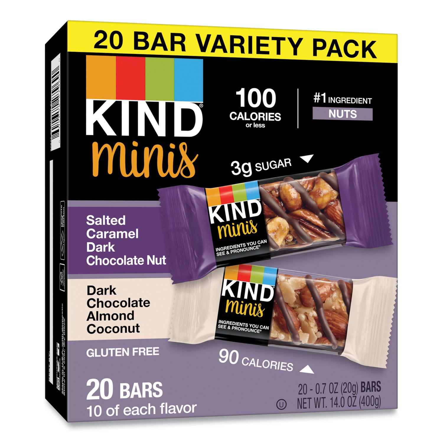 KIND Minis, Salted Caramel And Dark Chocolate Nut/dark Chocolate Almond And Coconut, 0.7 Oz, 20/pack