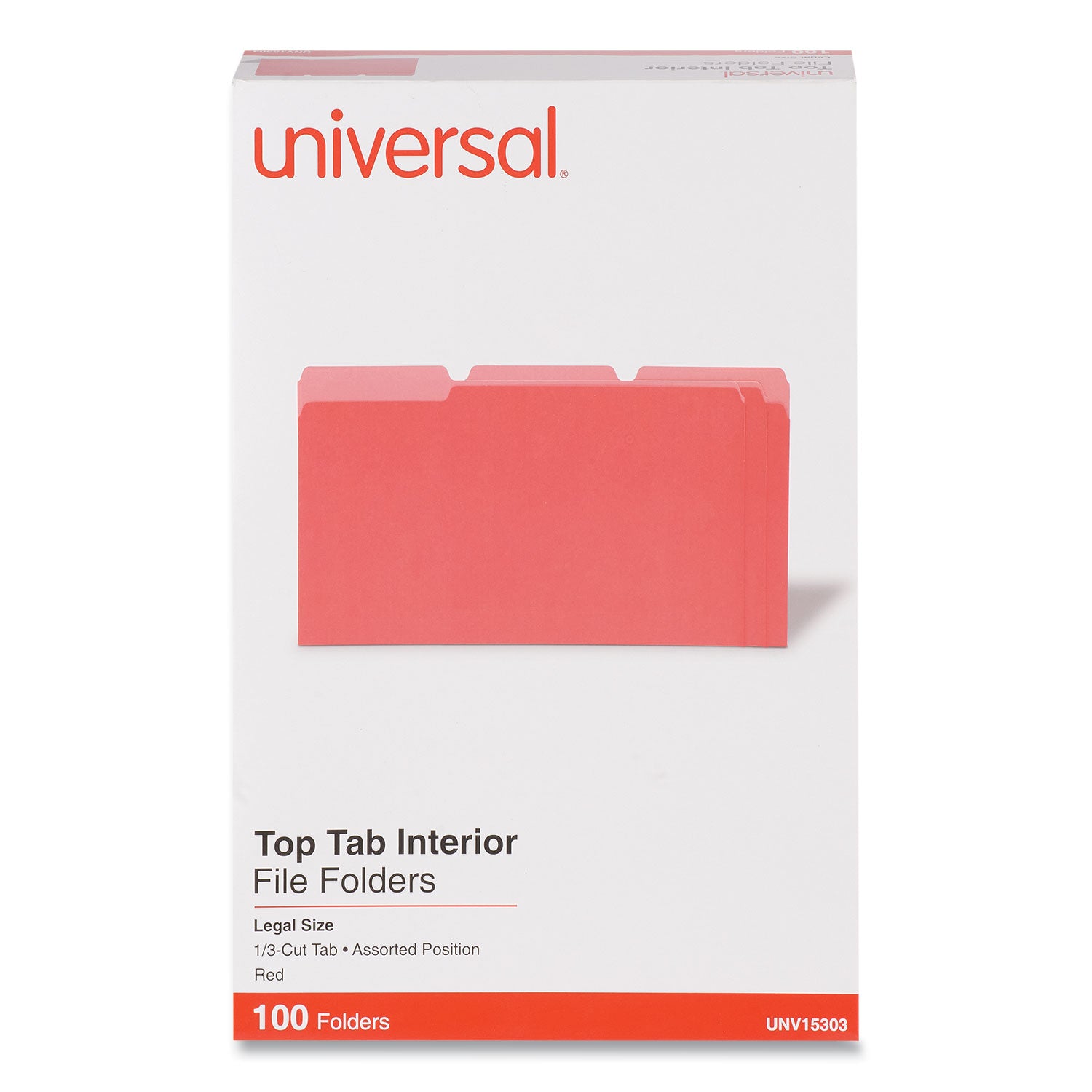 Universal® Interior File Folders, 1/3-Cut Tabs: Assorted, Legal Size, 11-pt Stock, Red, 100/Box