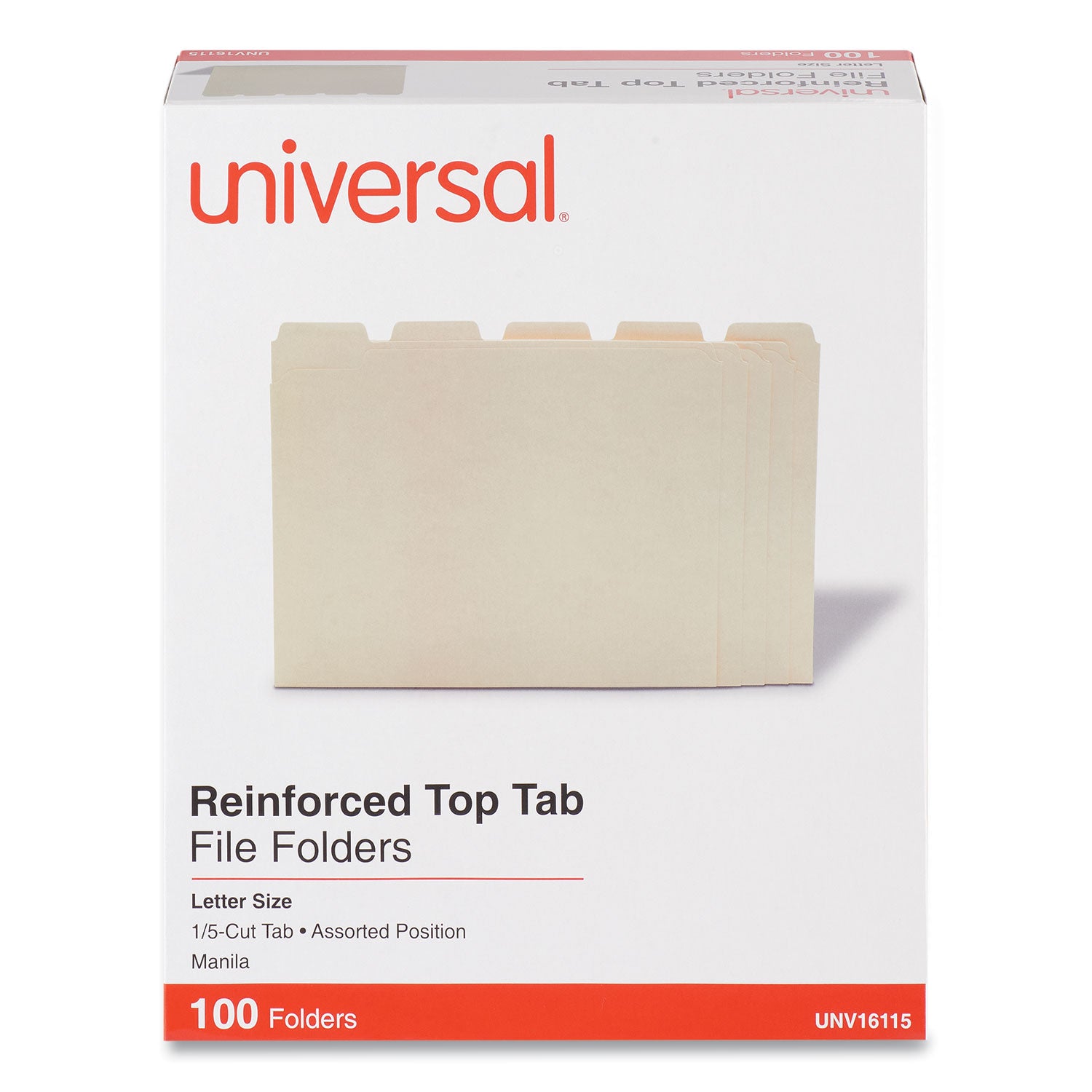 Universal® Double-Ply Top Tab Manila File Folders, 1/5-Cut Tabs: Assorted, Letter Size, 0.75" Expansion, Manila, 100/Box