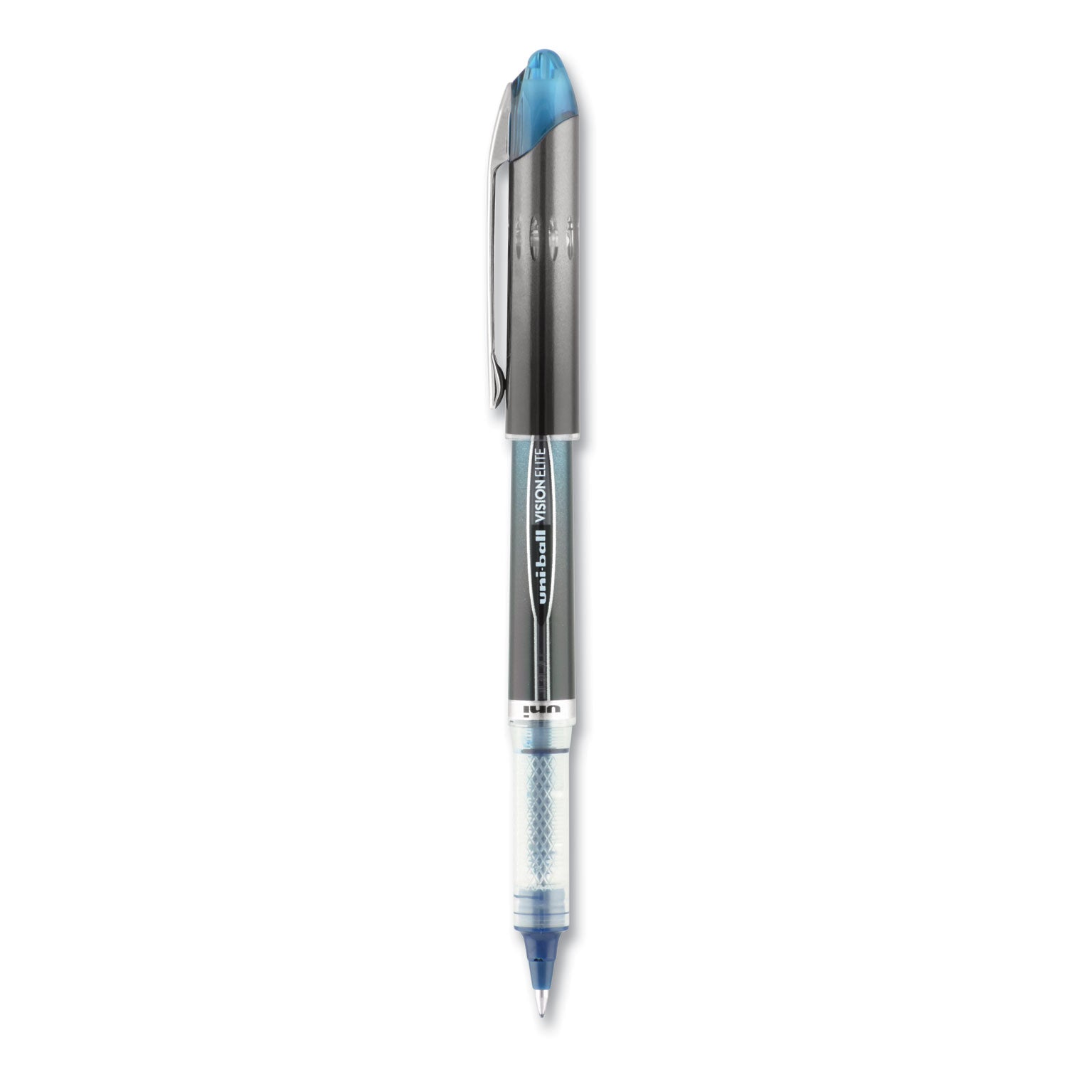 uniball® VISION ELITE BLX Series Hybrid Gel Pen, Stick, Extra-Fine 0.5 mm, Blue-Infused Black Ink, Gray/Blue/Clear Barrel