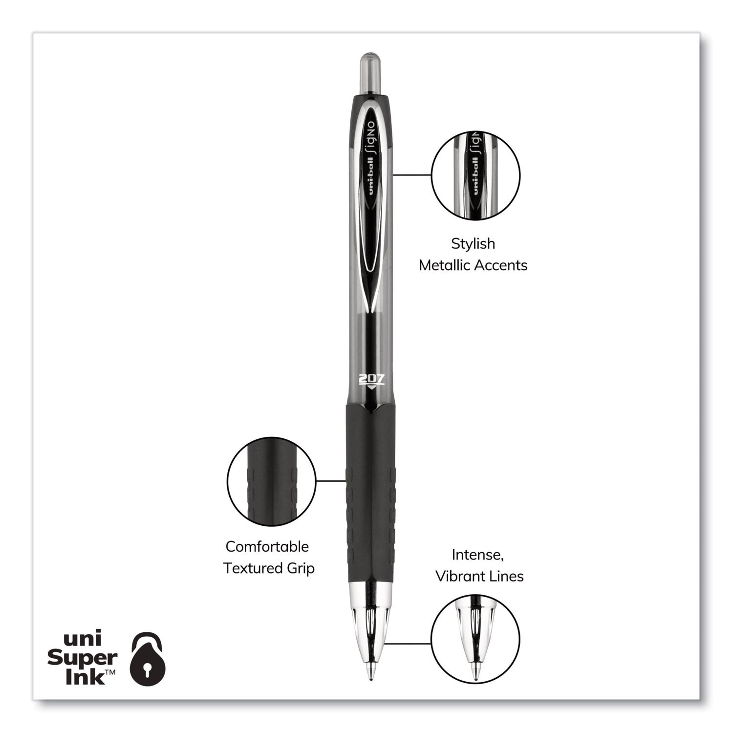 uniball® Signo 207 Gel Pen Value Pack, Retractable, Medium 0.7 mm, Black Ink, Smoke/Black Barrel, 36/Box