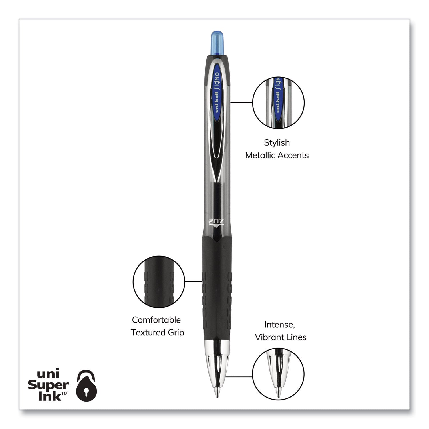 uniball® Signo 207 Gel Pen Value Pack, Retractable, Medium 0.7 mm, Blue Ink, Smoke/Black/Blue Barrel, 36/Box