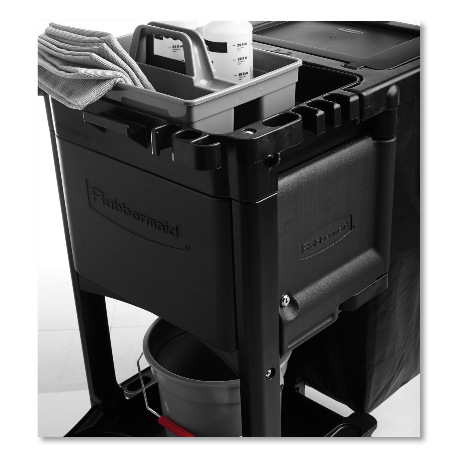 Rubbermaid® Commercial Executive Janitorial Cleaning Cart, Plastic, 4 Shelves, 1 Bin, 12.1" x 22.4" x 23", Black