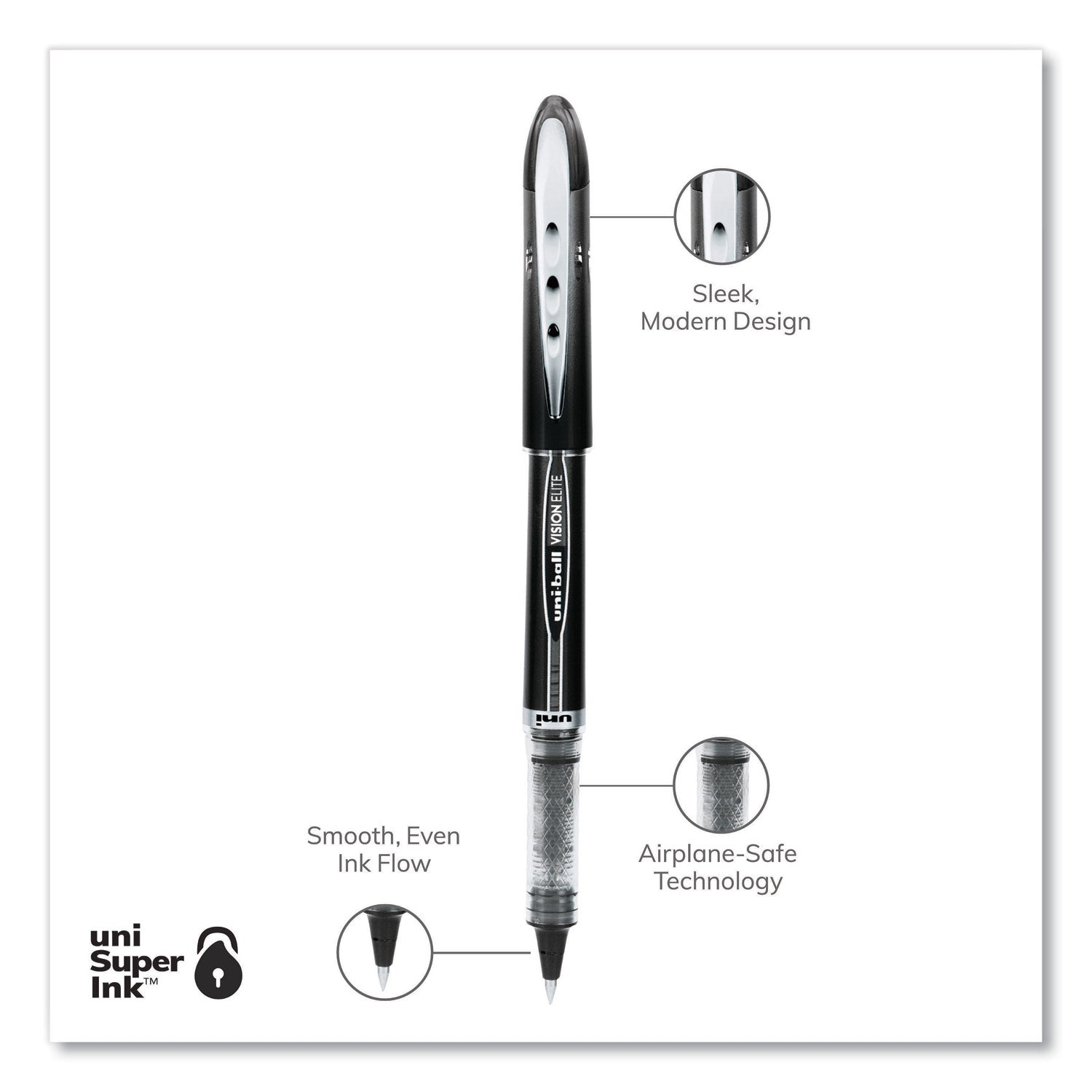 uniball® VISION ELITE Hybrid Gel Pen, Stick, Extra-Fine 0.5 mm, Black Ink, Black/Clear Barrel