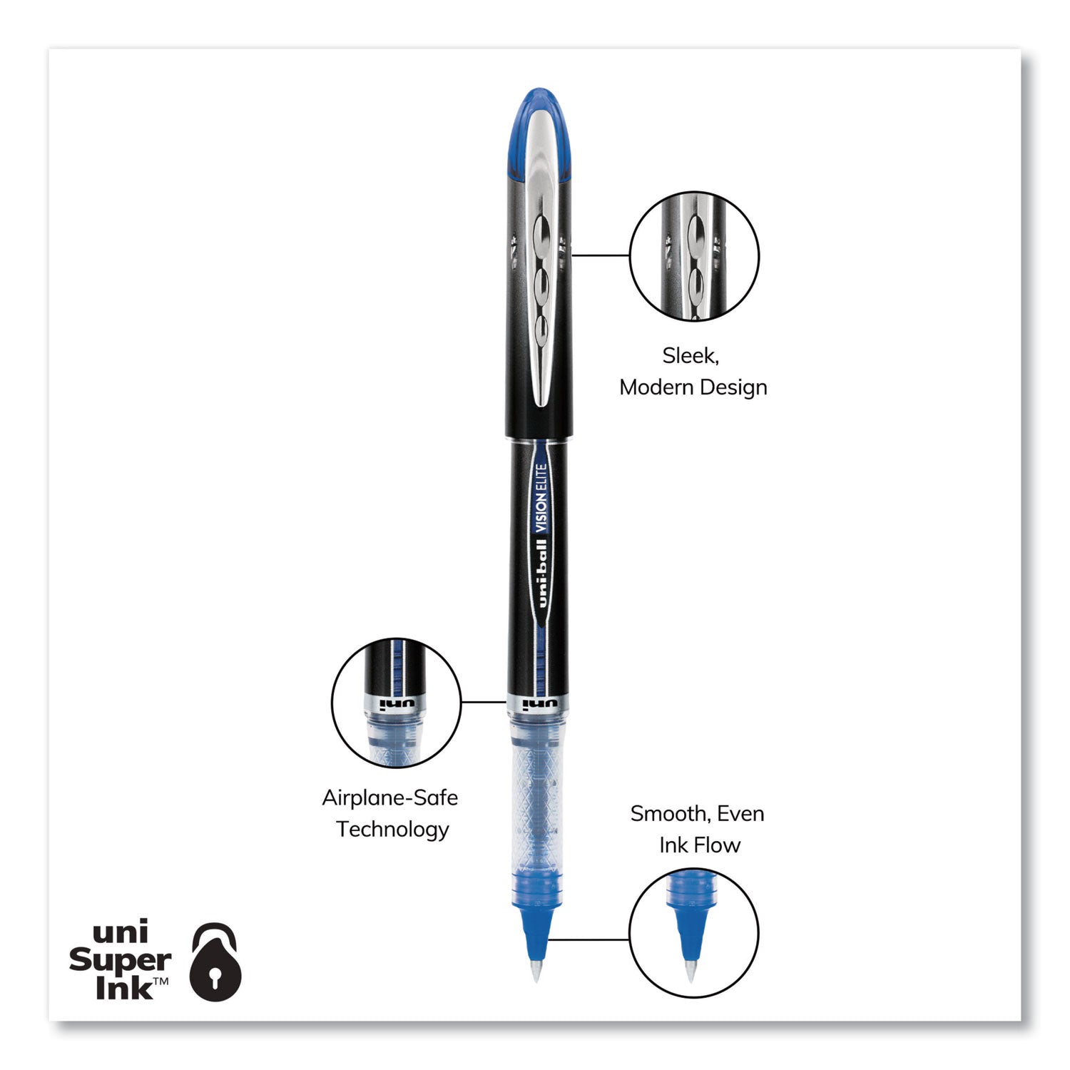 uniball® VISION ELITE Hybrid Gel Pen, Stick, Extra-Fine 0.5 mm, Blue Ink, Black/Blue/Clear Barrel
