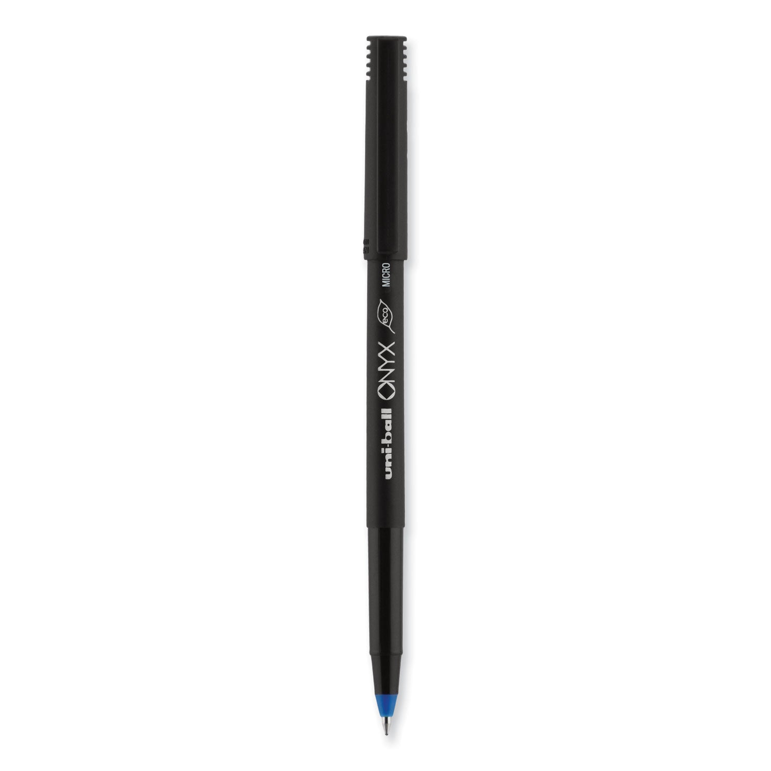 uniball® ONYX Rollerball Pen, Stick, Extra-Fine 0.5 mm, Blue Ink, Black/Blue Barrel, Dozen