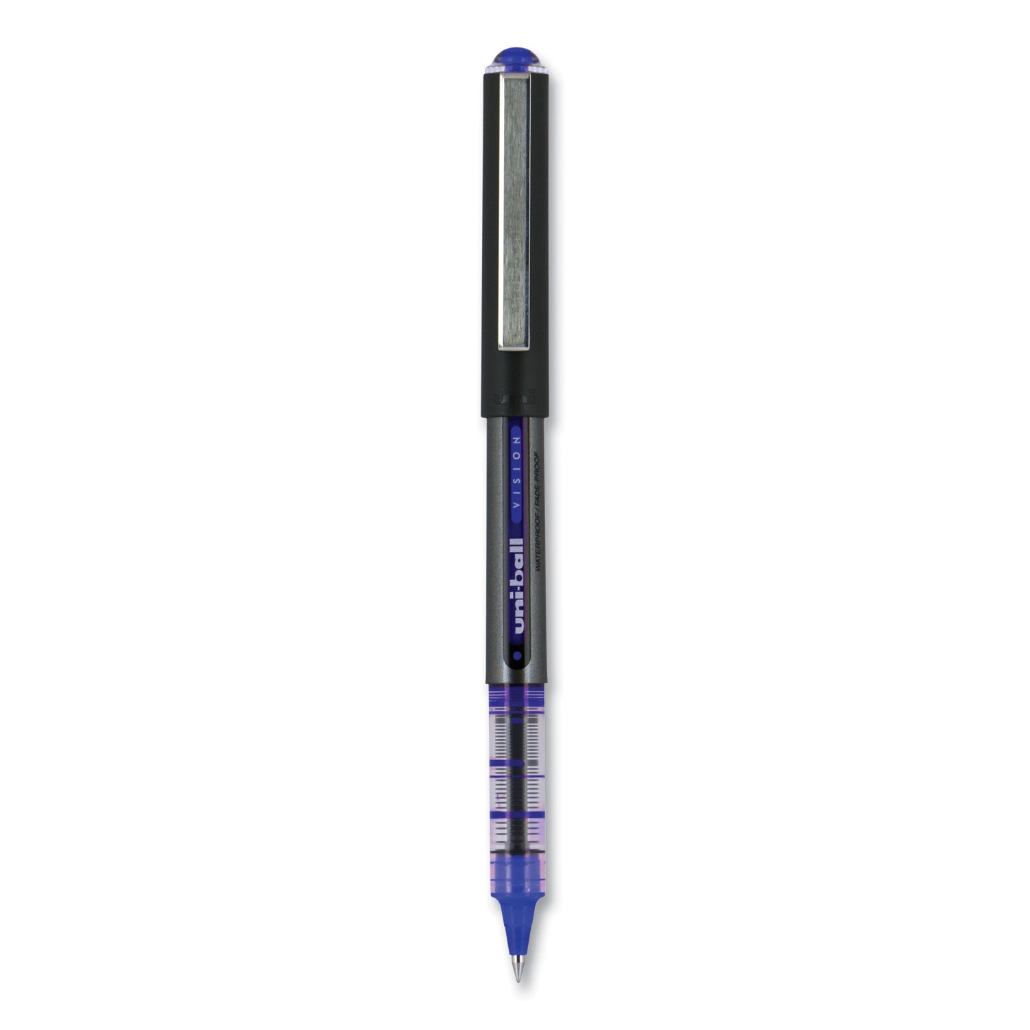 uniball® VISION Rollerball Pen, Stick, Extra-Fine 0.5 mm, Blue Ink, Gray/Blue/Clear Barrel, Dozen