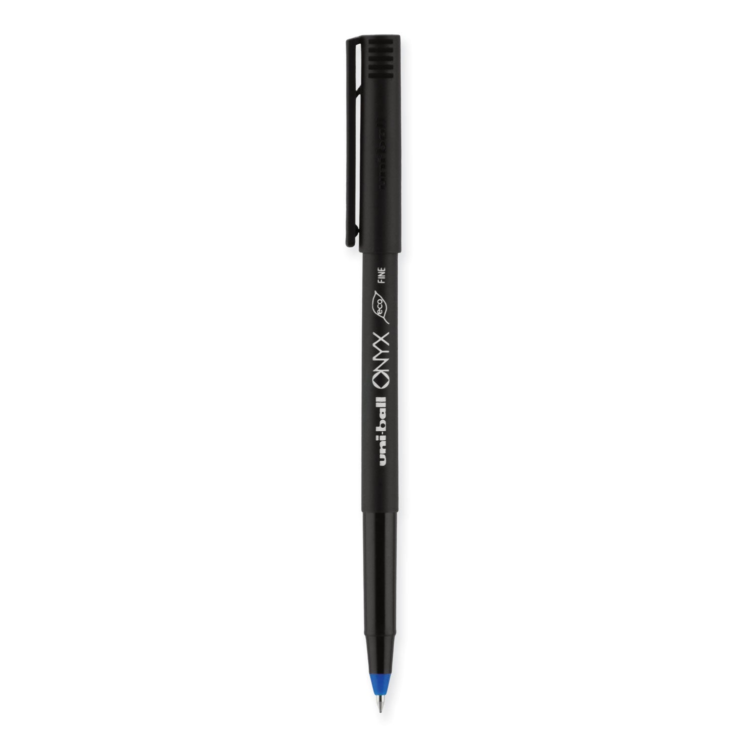 uniball® ONYX Rollerball Pen, Stick, Fine 0.7 mm, Blue Ink, Black/Blue Barrel, Dozen
