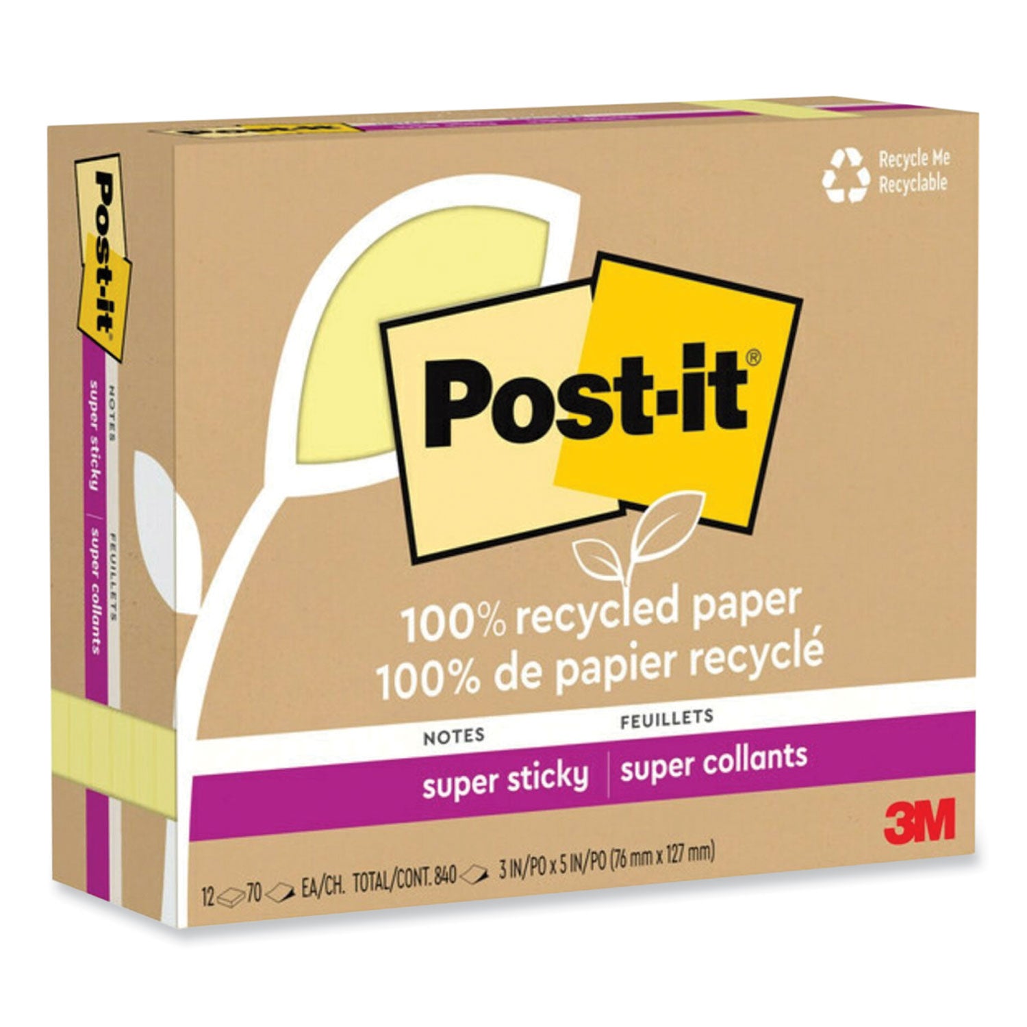 Post-it® Notes Super Sticky 100% Recycled Paper Super Sticky Notes, 3" x 5", Canary Yellow, 70 Sheets/Pad, 12 Pads/Pack