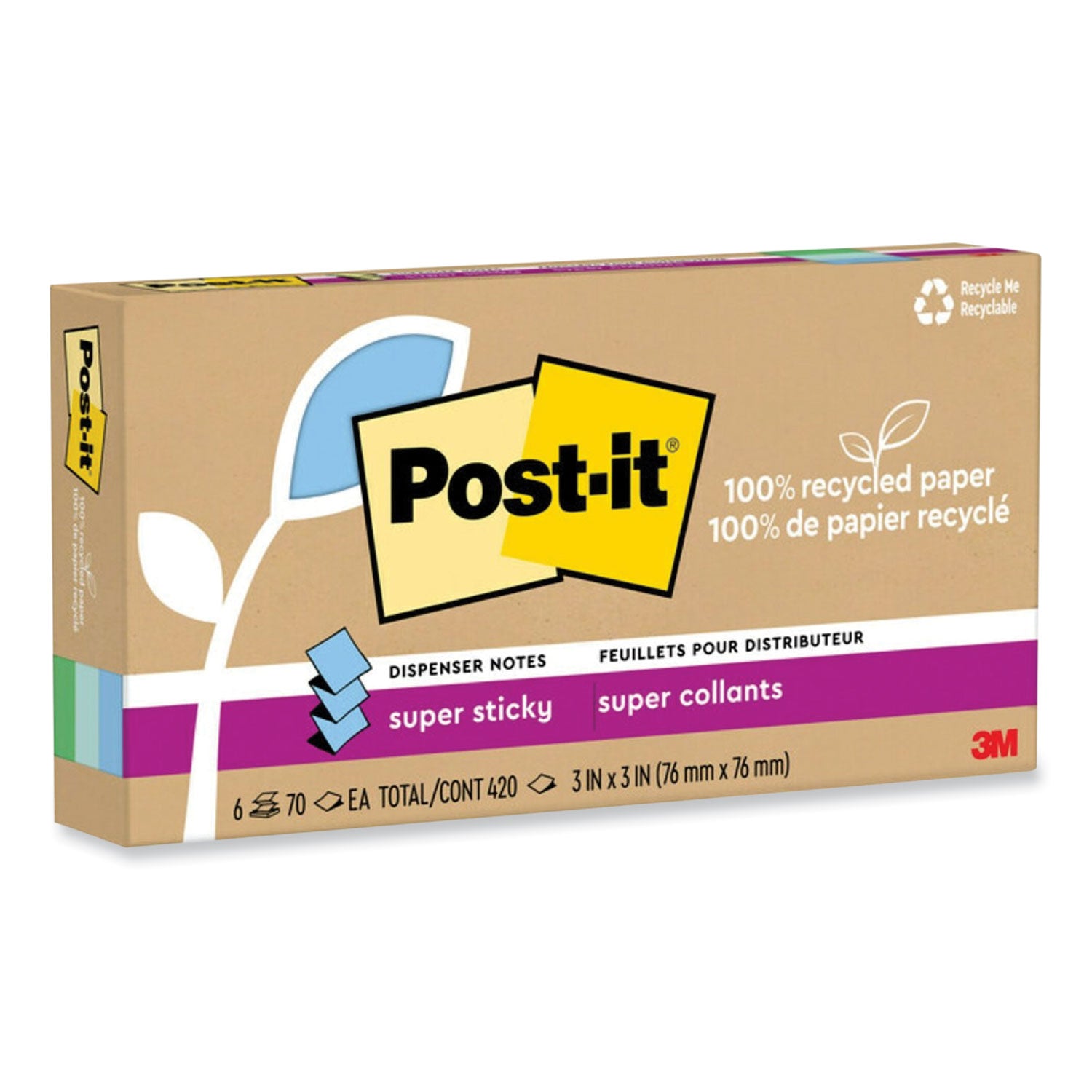Post-it® Notes Super Sticky 100% Recycled Paper Super Sticky Notes, 3" x 3", Oasis, 70 Sheets/Pad, 6 Pads/Pack