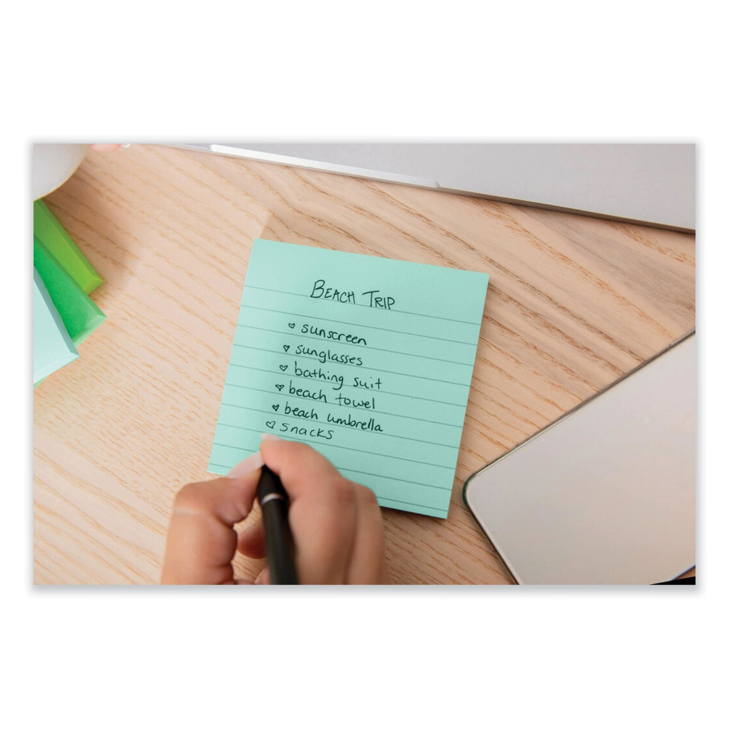 Post-it® Notes Super Sticky 100% Recycled Paper Super Sticky Notes, Ruled, 4" x 4", Oasis, 70 Sheets/Pad, 3 Pads/Pack
