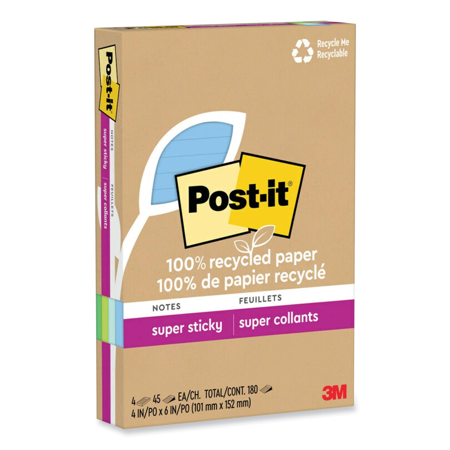 Post-it® Notes Super Sticky 100% Recycled Paper Super Sticky Notes, Ruled, 4" x 6", Oasis, 45 Sheets/Pad, 4 Pads/Pack