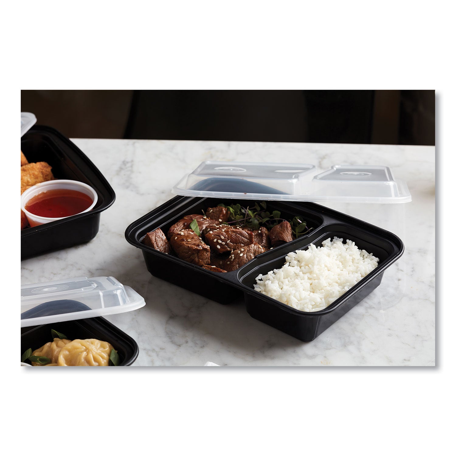 Pactiv Evergreen Newspring VERSAtainer Microwavable Containers, Rectangular, 2 Compartments, 30 oz, Black/Clear, Plastic, 150/Carton