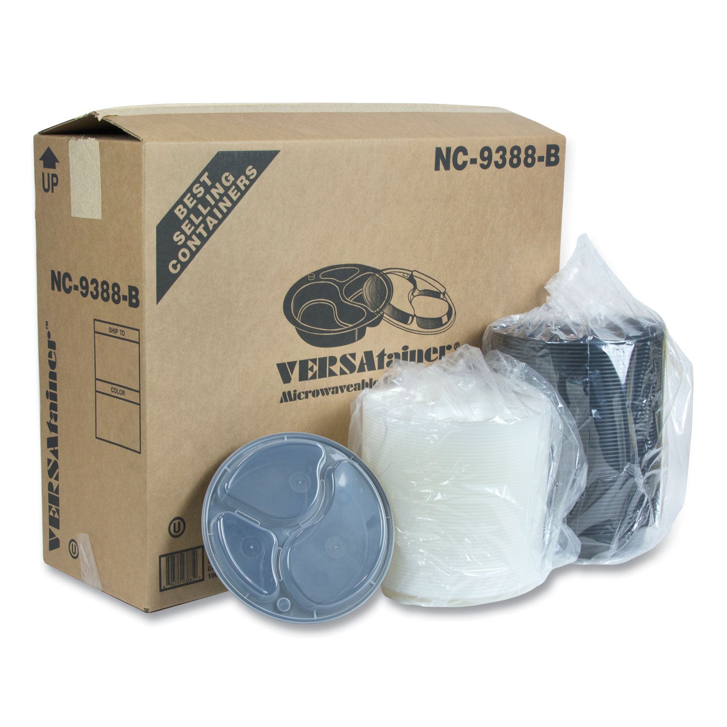 Pactiv Evergreen Newspring VERSAtainer Microwavable Containers, Round, 3 Compartments, 39 oz, 9 x 9 x 2.25, Black/Clear, Plastic, 150/Carton