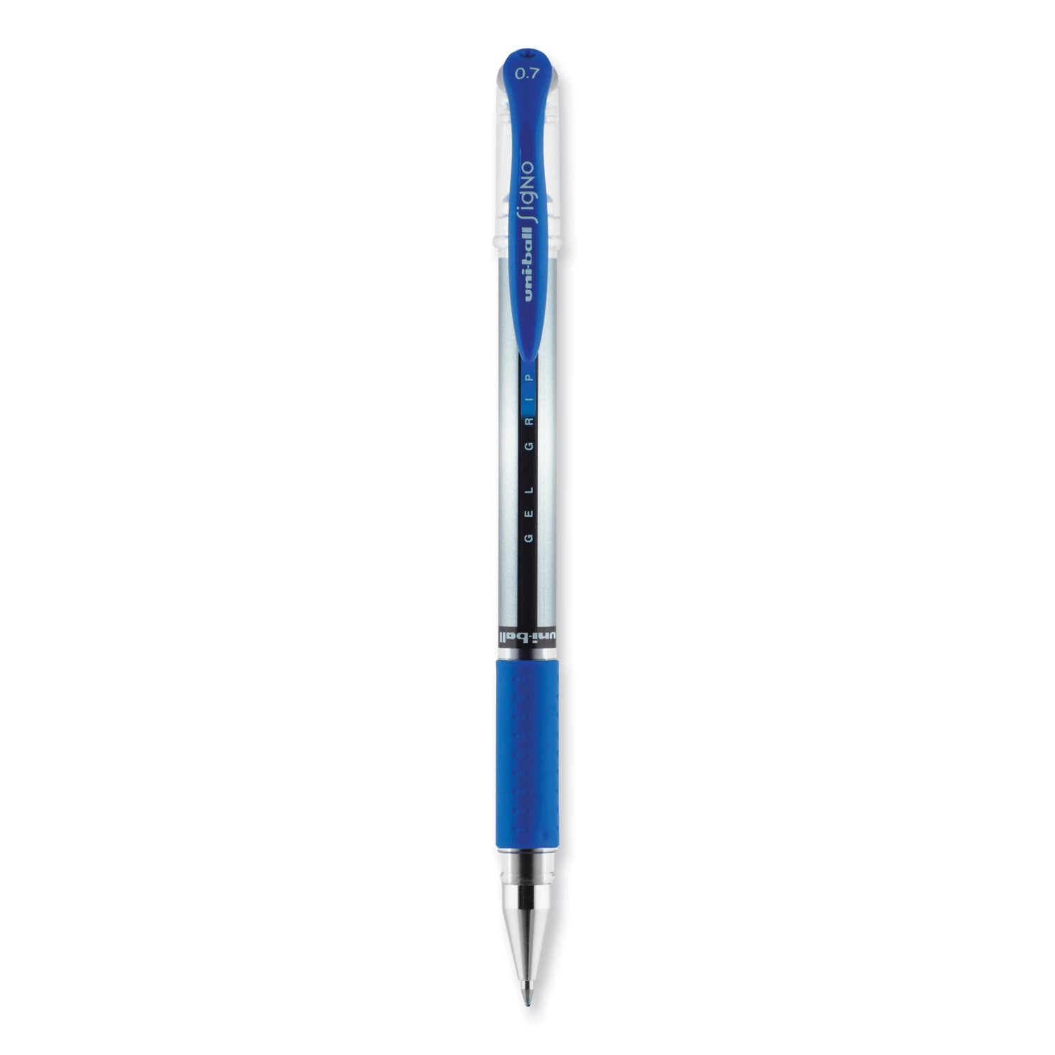 uniball® Signo GRIP Gel Pen, Stick, Medium 0.7 mm, Blue Ink, Clear/Blue/Silver Barrel, Dozen