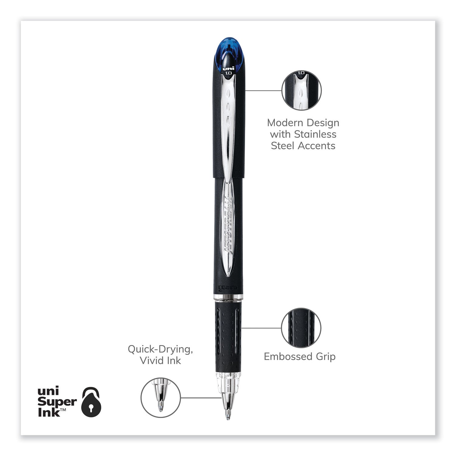uniball® Jetstream Hybrid Gel Pen, Stick, Bold 1 mm, Blue Ink, Black/Silver/Blue Barrel