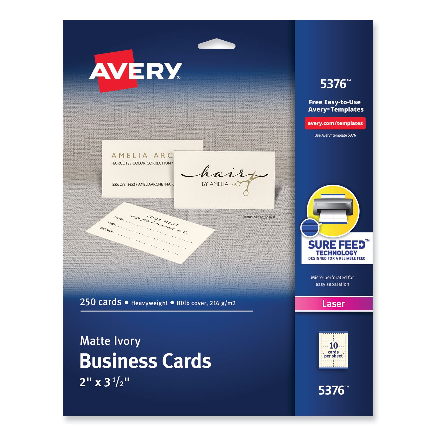 Printable Microperforated Business Cards w/Sure Feed Technology, Laser, 2 x 3.5, Ivory, 250 Cards, 10/Sheet, 25 Sheets/Pack