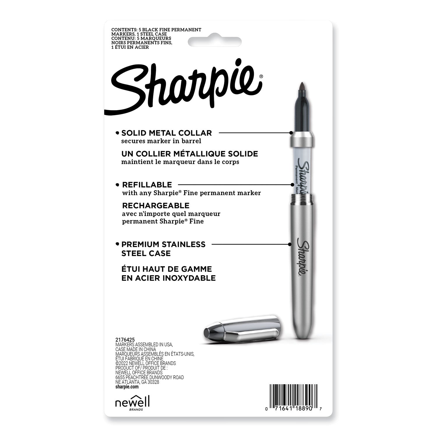 Sharpie® Fine Tip Permanent Marker, Stainless Steel Single Marker Case, Fine Bullet Tip, Black, 5/Pack