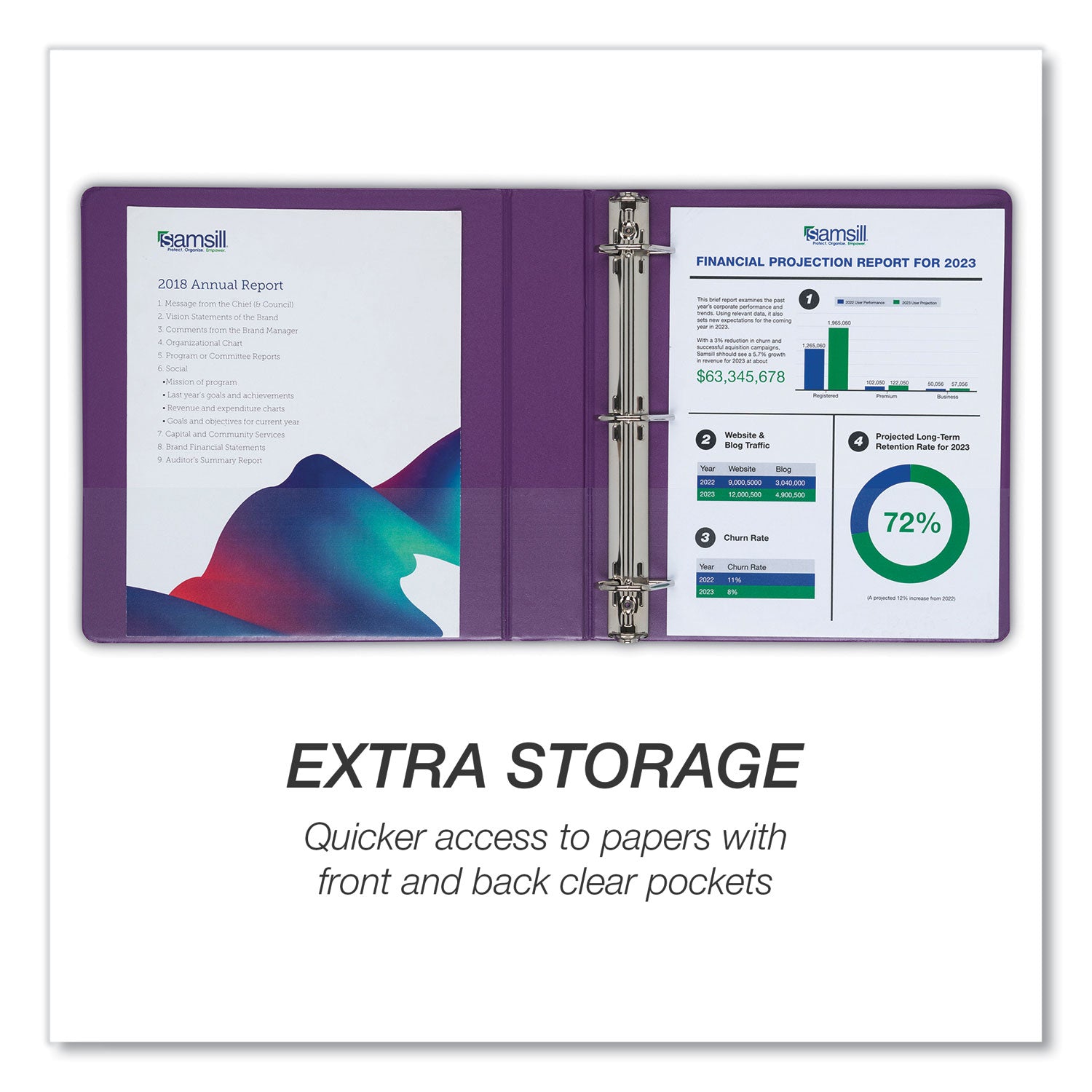 Samsill® Durable D-Ring View Binders, 3 Rings, 2" Capacity, 11 x 8.5, Blueberry/Blue Coconut/Dragonfruit/Purple, 4/Pack