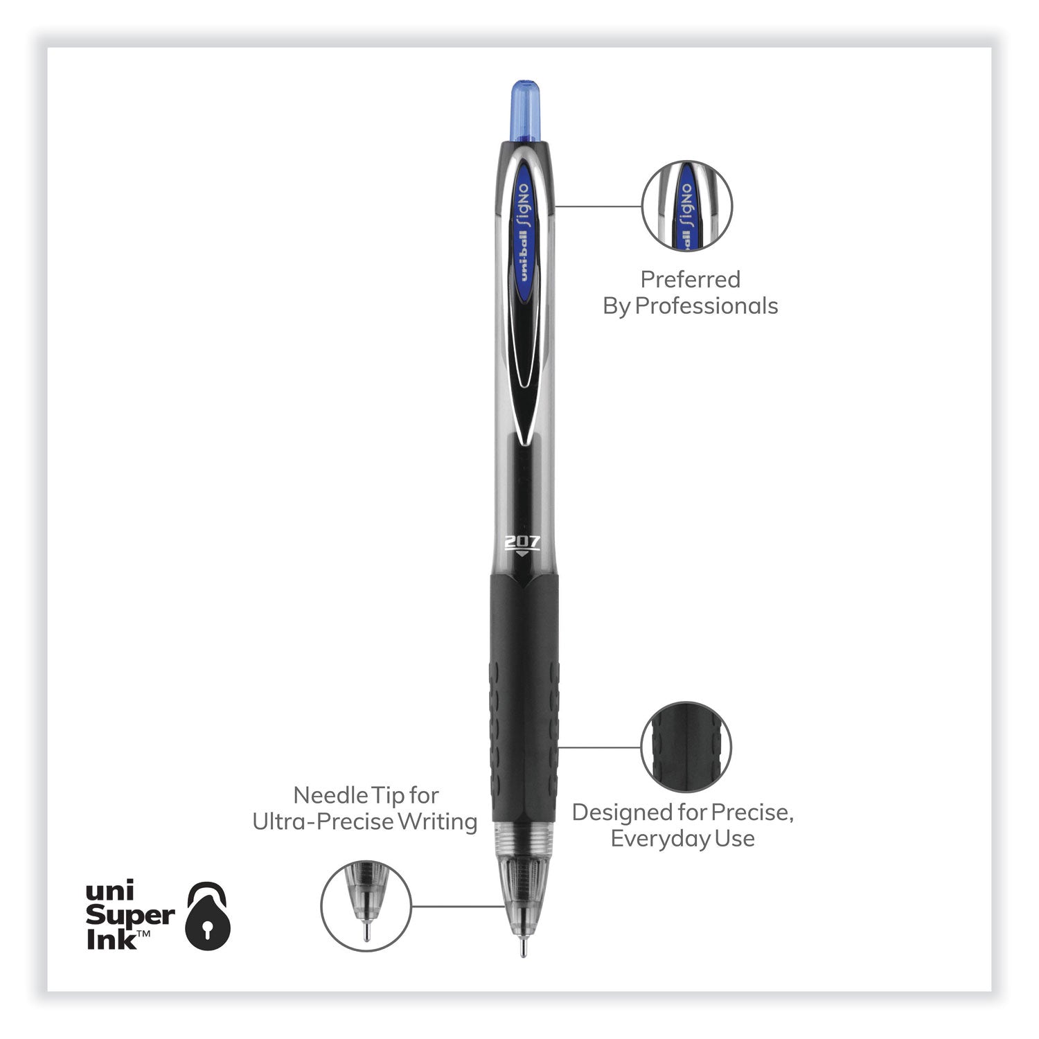 uniball® Signo 207 Needle Point Gel Pen, Retractable, Medium 0.7 mm, Blue Ink, Clear/Black/Blue Barrel, Dozen