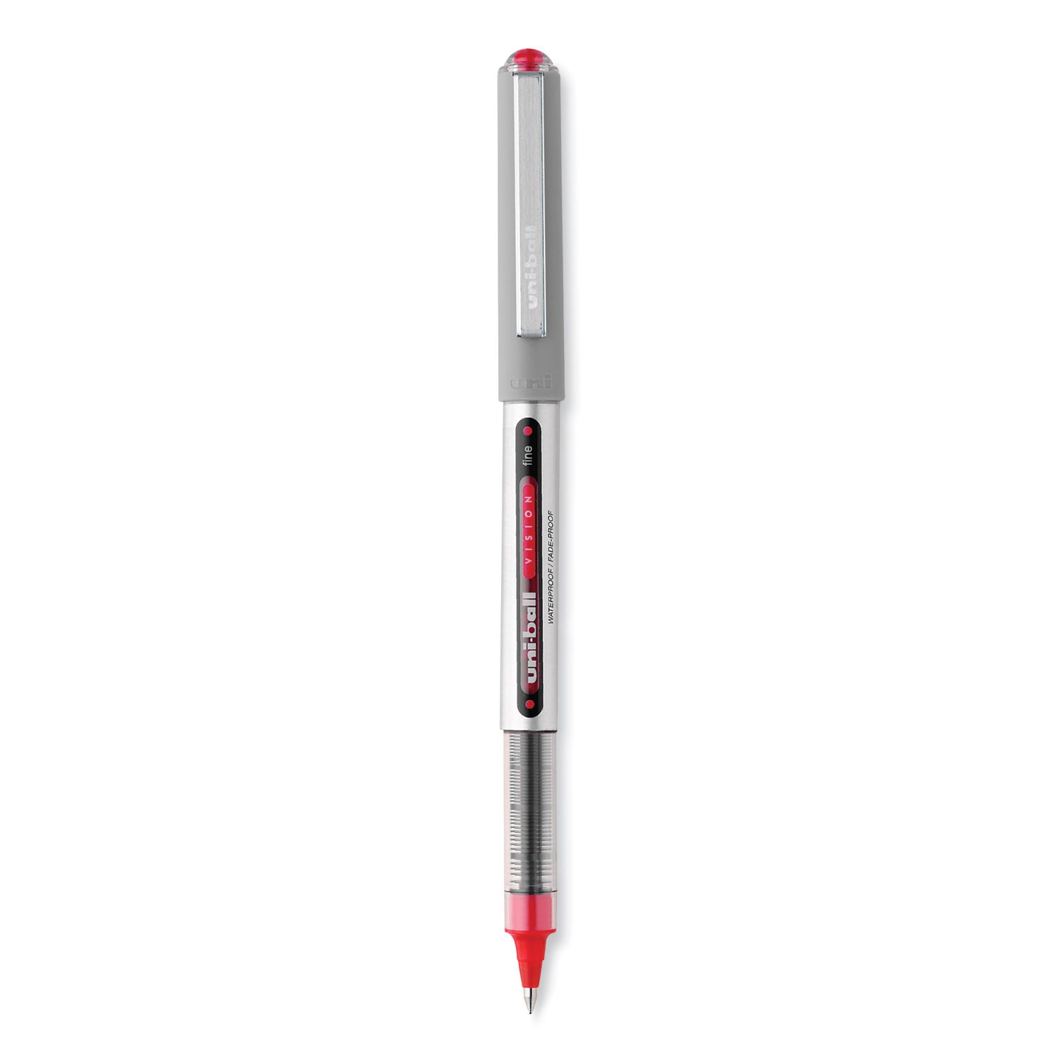 uniball® VISION Rollerball Pen, Stick, Fine 0.7 mm, Red Ink, Silver/Red/Clear Barrel, Dozen